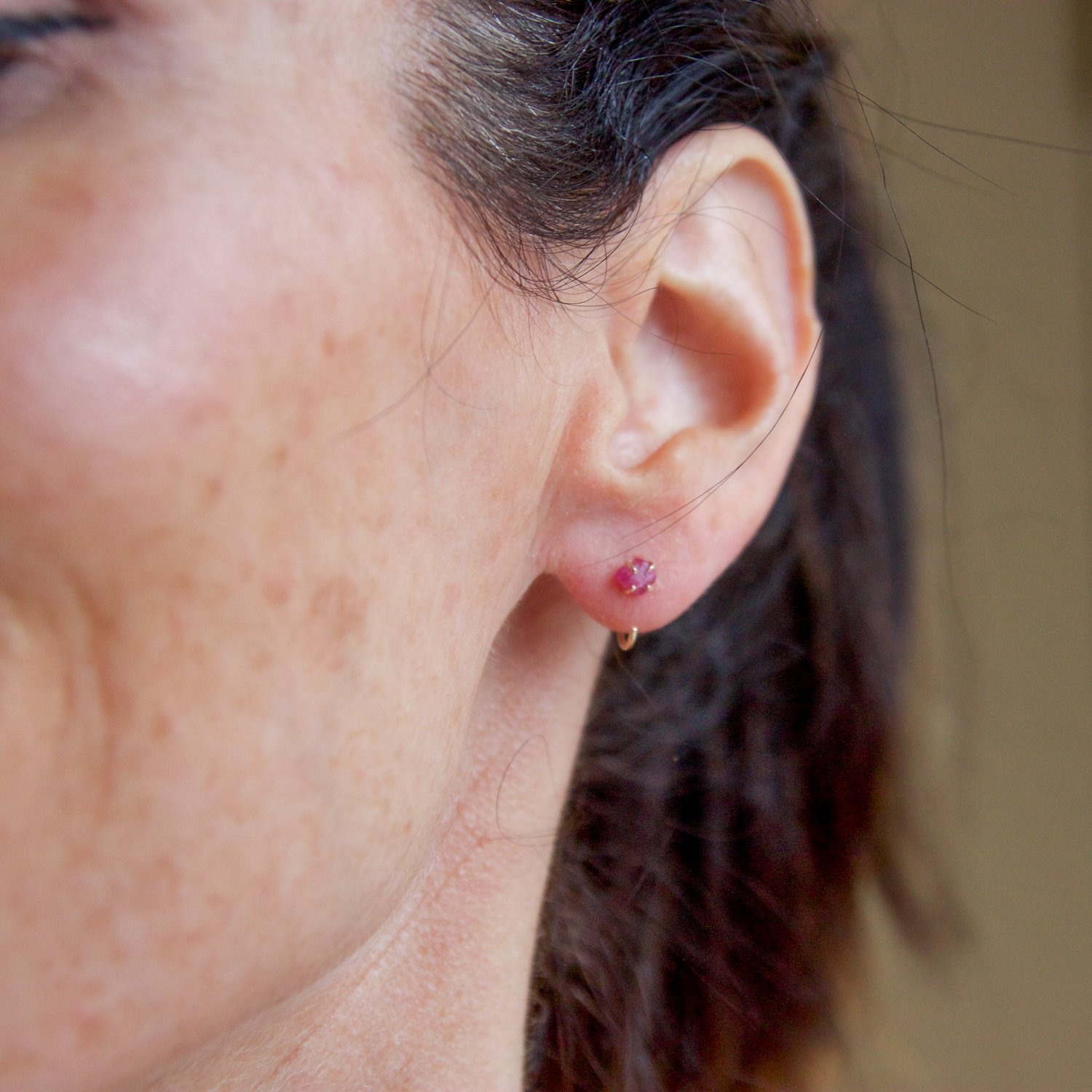 Melissa Joy Manning: 14K yellow gold hot pink burmese corundum gem gravel hugg earring