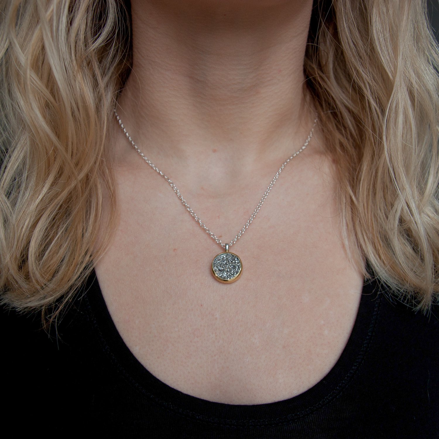 Gurhan: Sterling silver layered with 24K gold mystere necklace with round silvery-white drusy quartz on sterling silver chain with mini lobster clasp