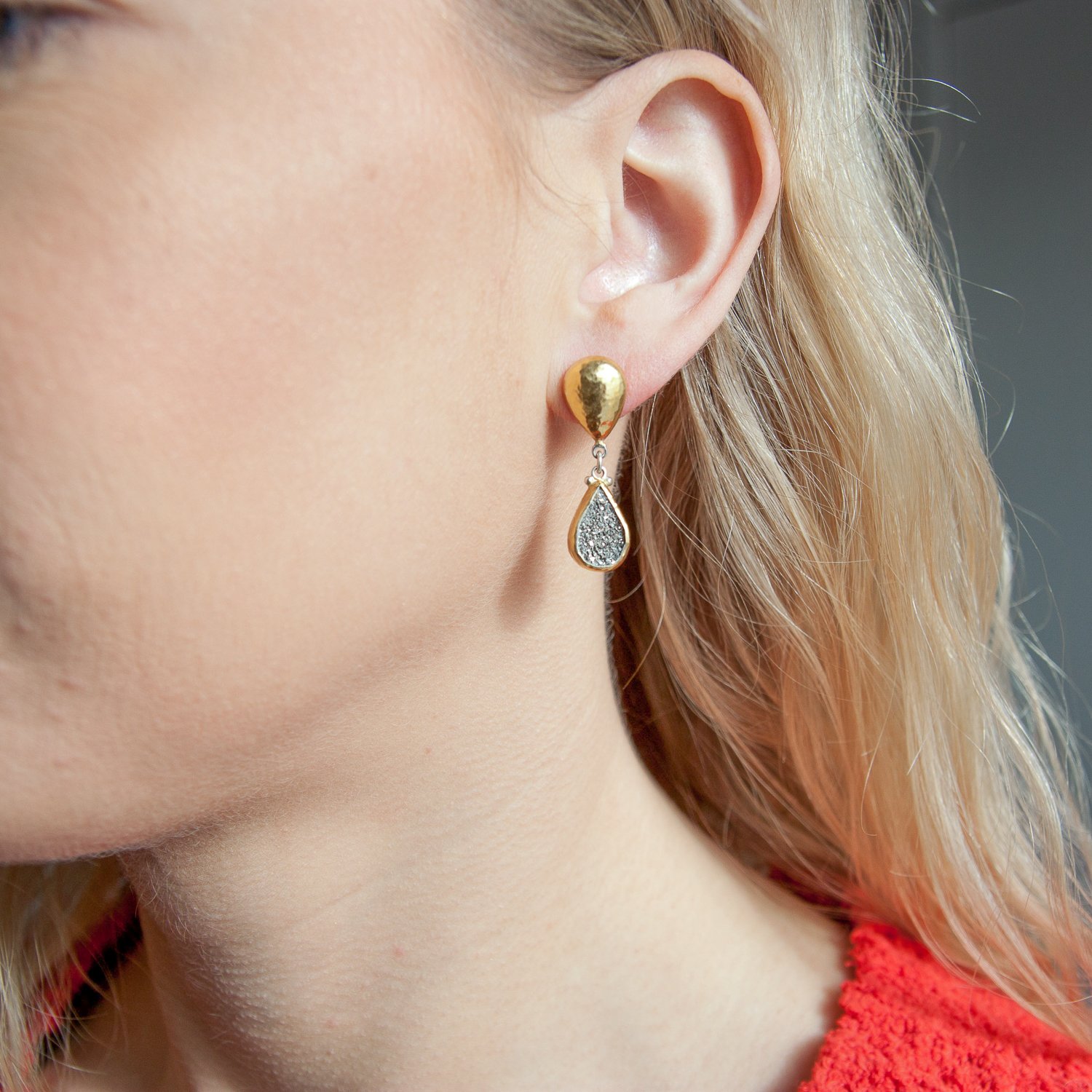 Gurhan: Sterling silver layered with 24K gold mystere drop earring with teardrop silvery-white drusy quartz on hammered pear top with post backing