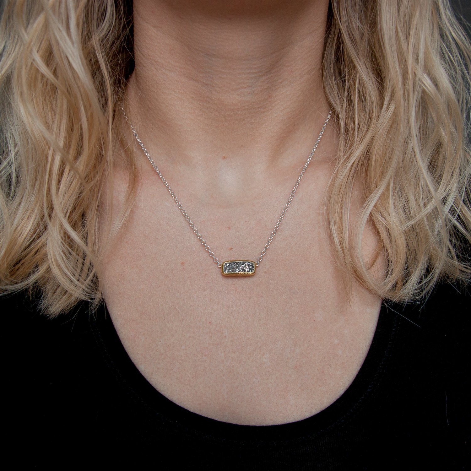 Gurhan: Sterling silver layered with 24K gold mystere necklace with rectangular silvery-white drusy quartz on sterling silver chain with mini lobster clasp