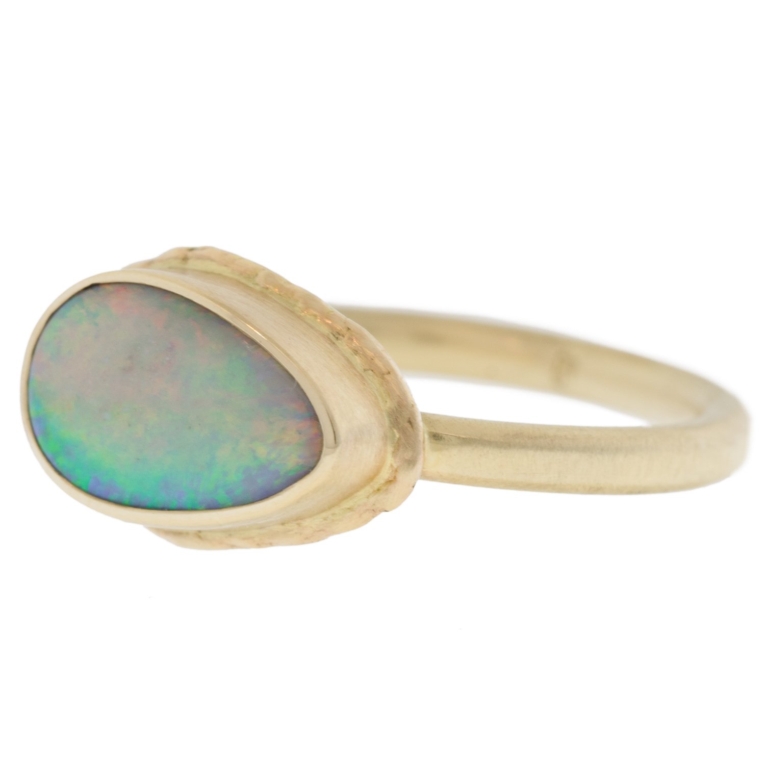 Jamie Joseph: 14k Gold Ring w/ small teardrop Australian opal on ruffled platform