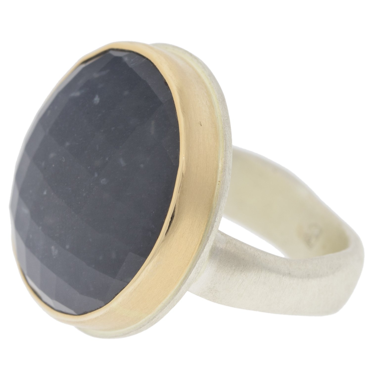 Jamie Joseph: SS & 14k Gold Ring w/ round checkerboard grey moonstone on groovy band size 7.25