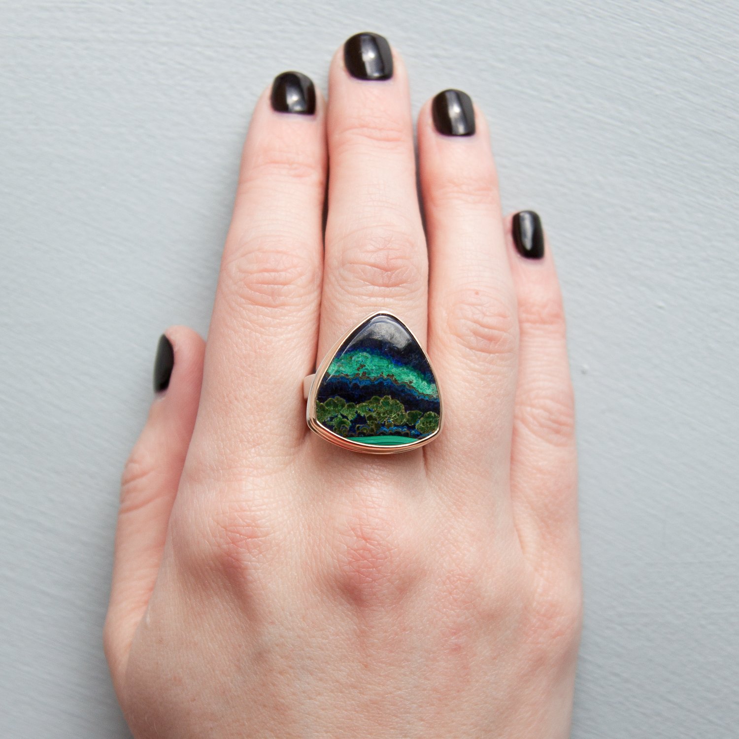 Jamie Joseph: SS & 14k Gold Ring w/ vertical triangular azurite malachite on skinny smooth band size 6.25