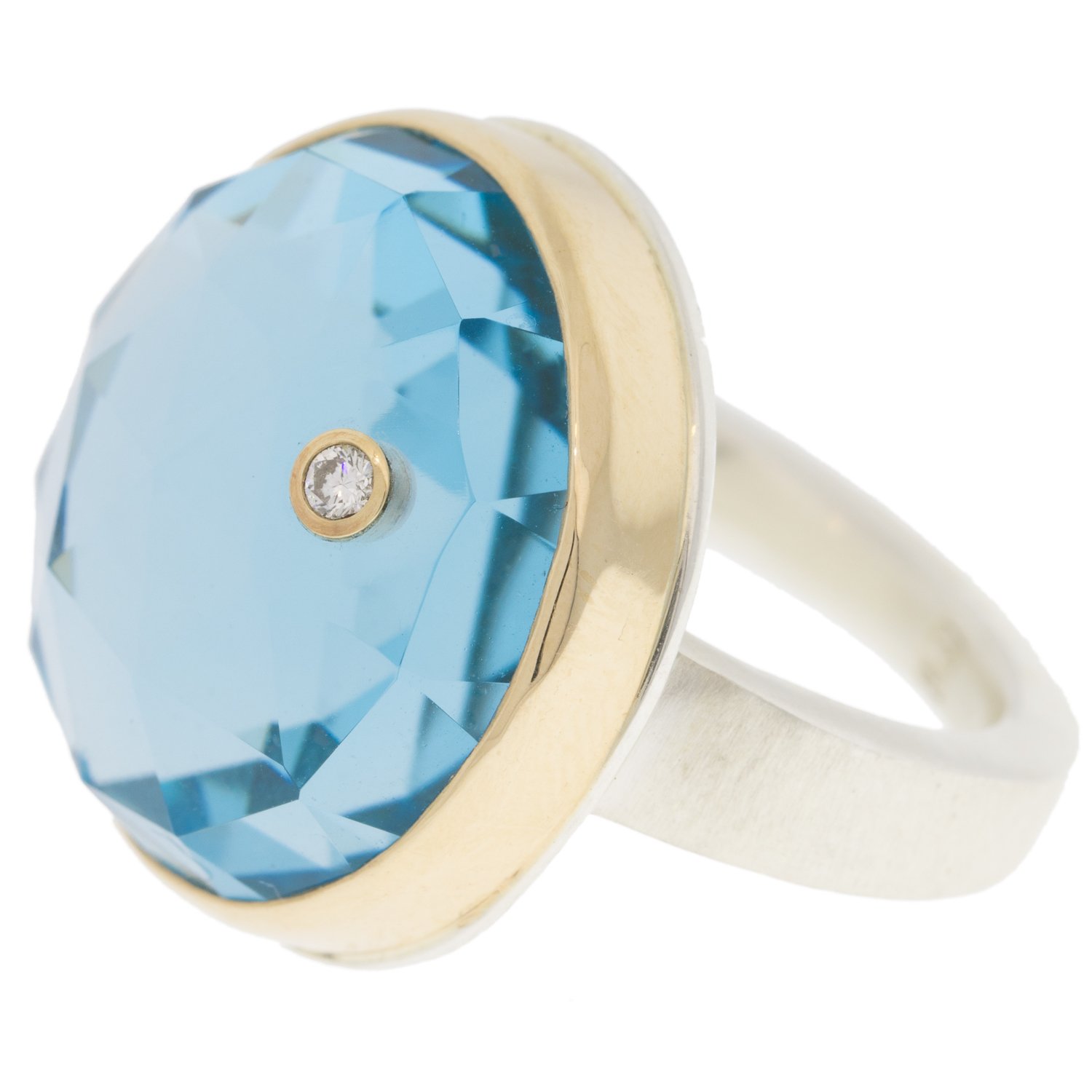 Jamie Joseph: SS & 14k Gold Ring w/ round rose cut sky blue topaz & .03ct diamond on tapered x band size 7