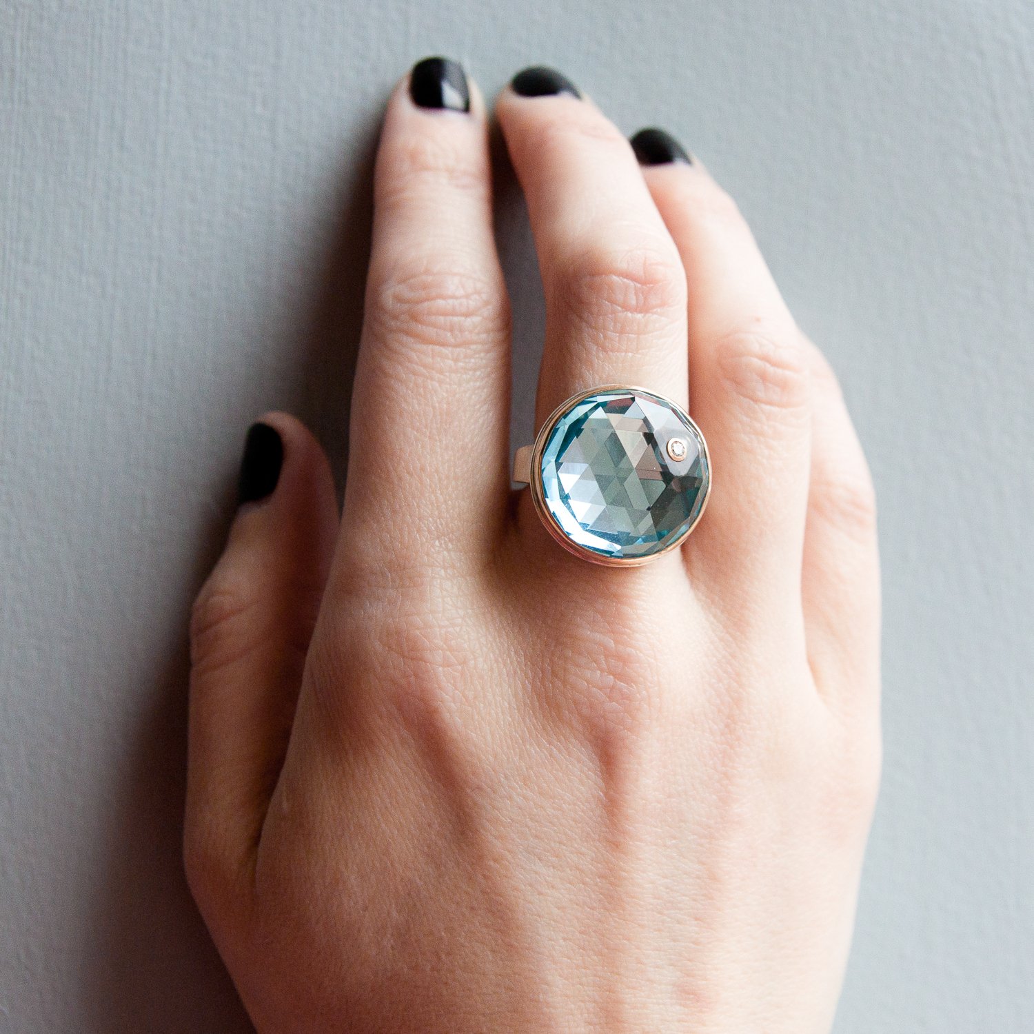 Jamie Joseph: SS & 14k Gold Ring w/ round rose cut sky blue topaz & .03ct diamond on tapered x band size 7