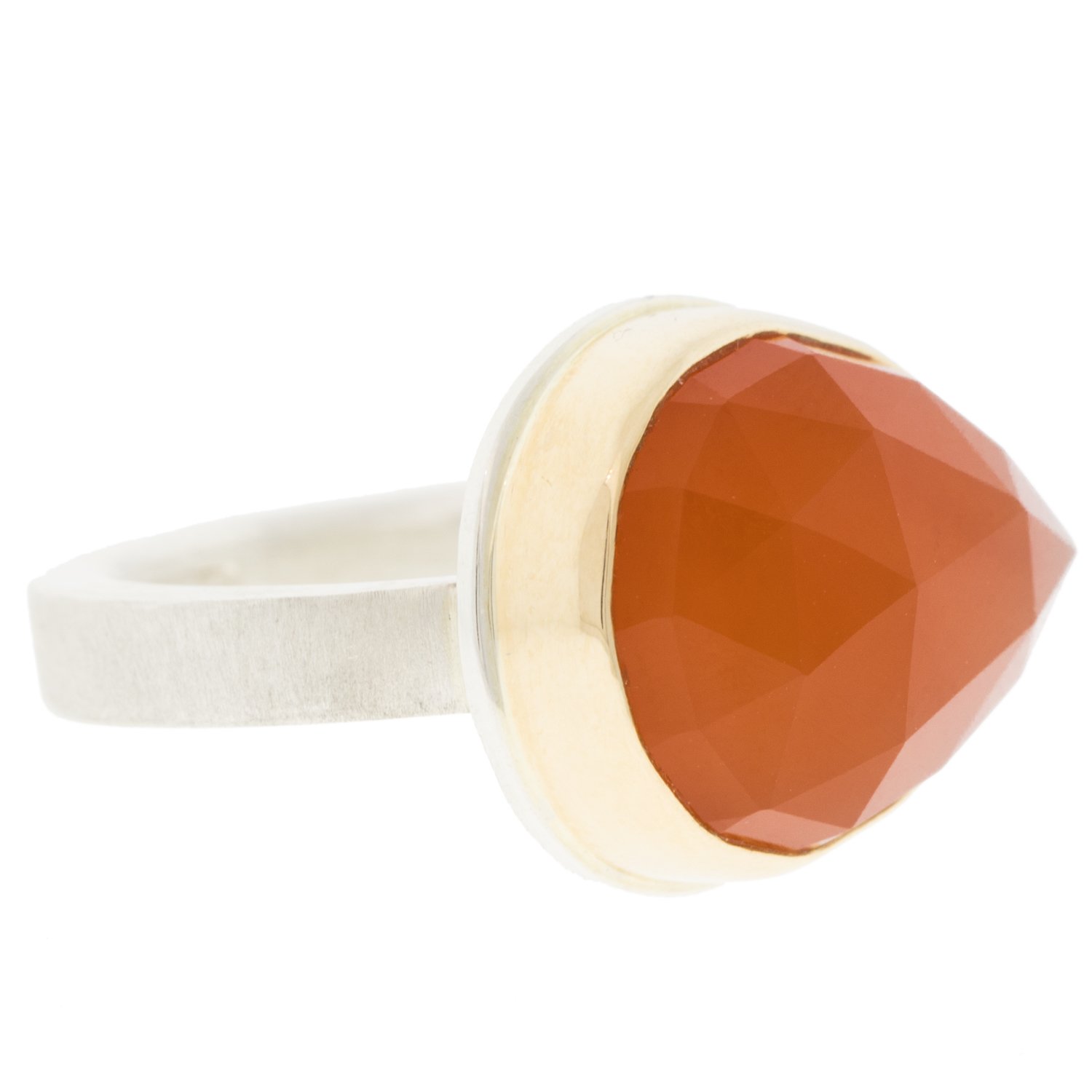 Jamie Joseph: SS & 14K gold ring w/ teardrop rose cut orange chalcedoney on x band sz 6.5