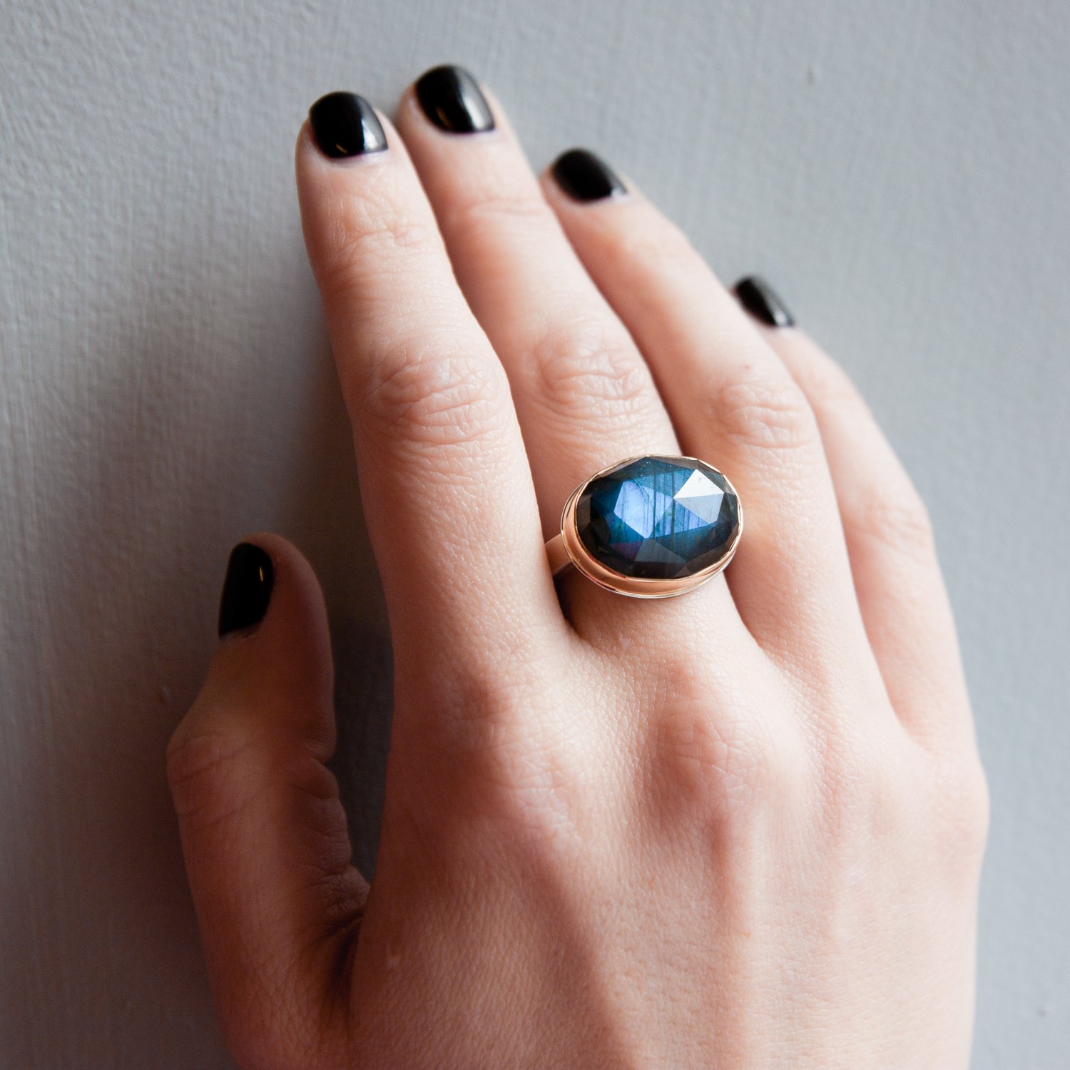 Jamie Joseph: SS & 14k Gold Ring w/ oval rose cut labradorite on skinny smooth band size 7
