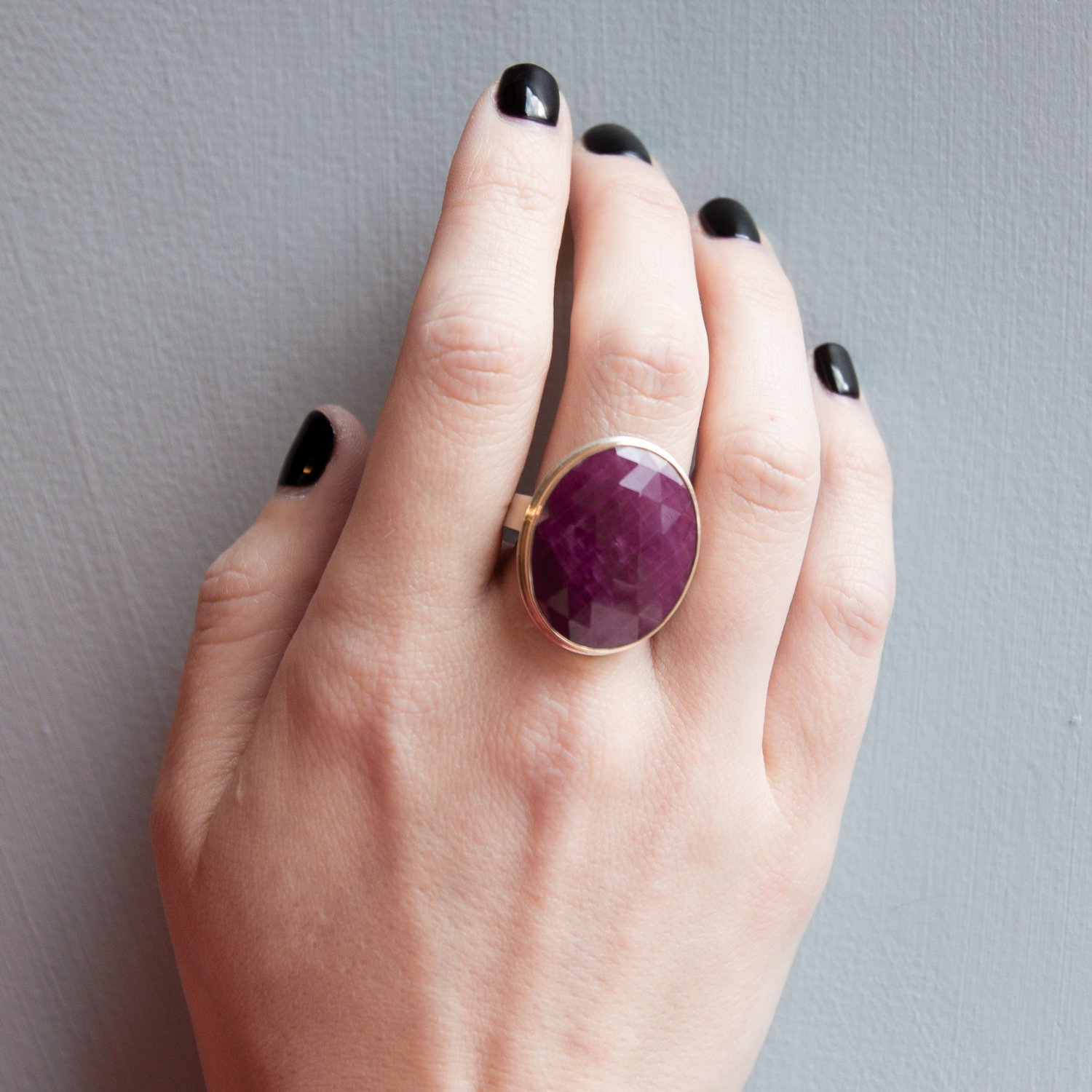 Jamie Joseph: SS & 14k Gold Ring w/ Large Vertical Faceted Oval Indian Ruby on Y Band