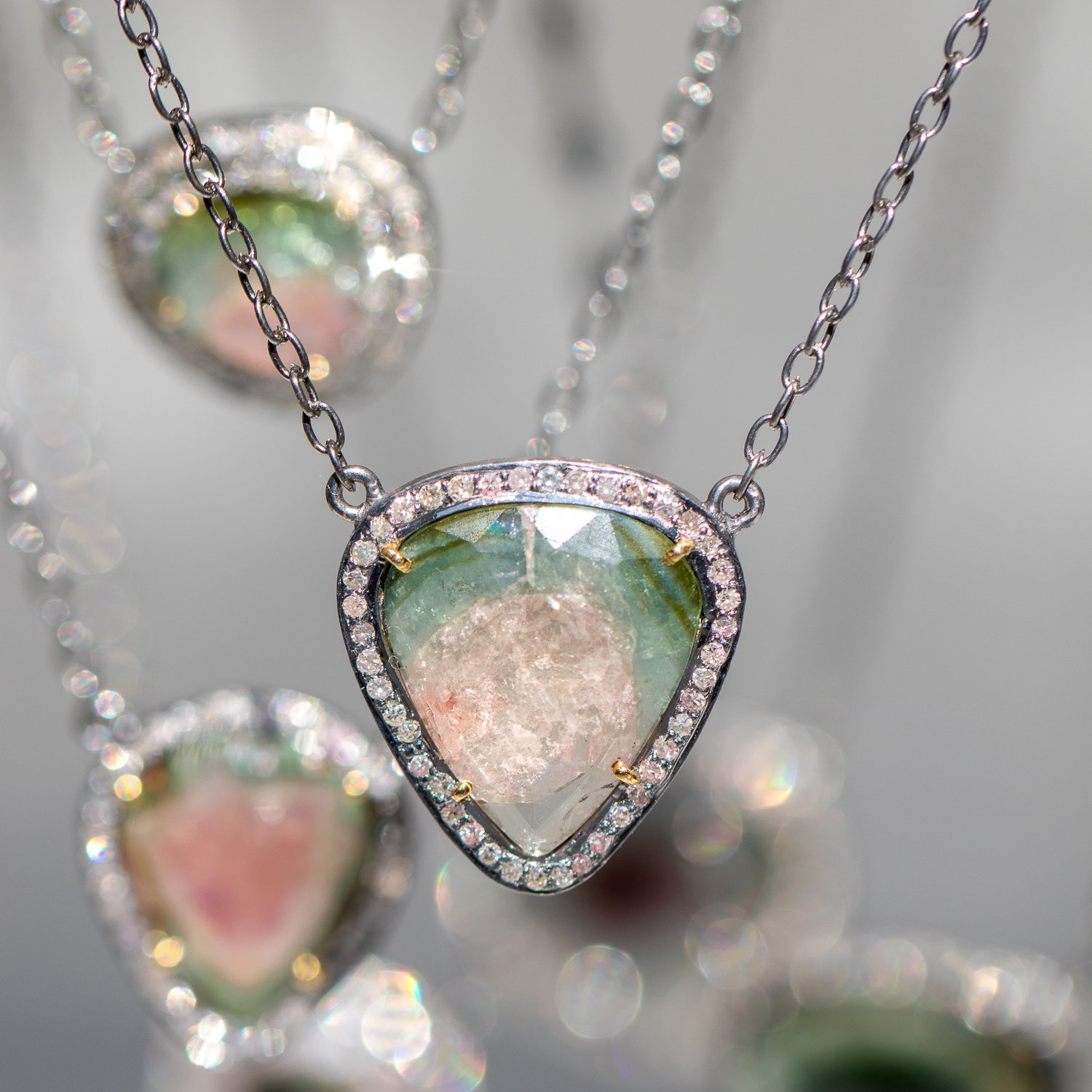 Robindira Unsworth: Oxidized SS & Champagne Pave Diamond Tourmaline Necklace