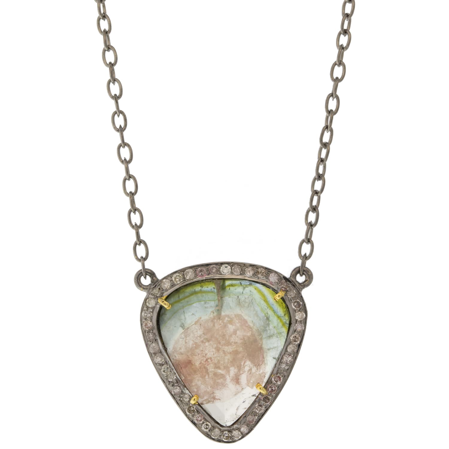 Robindira Unsworth: Oxidized SS & Champagne Pave Diamond Tourmaline Necklace