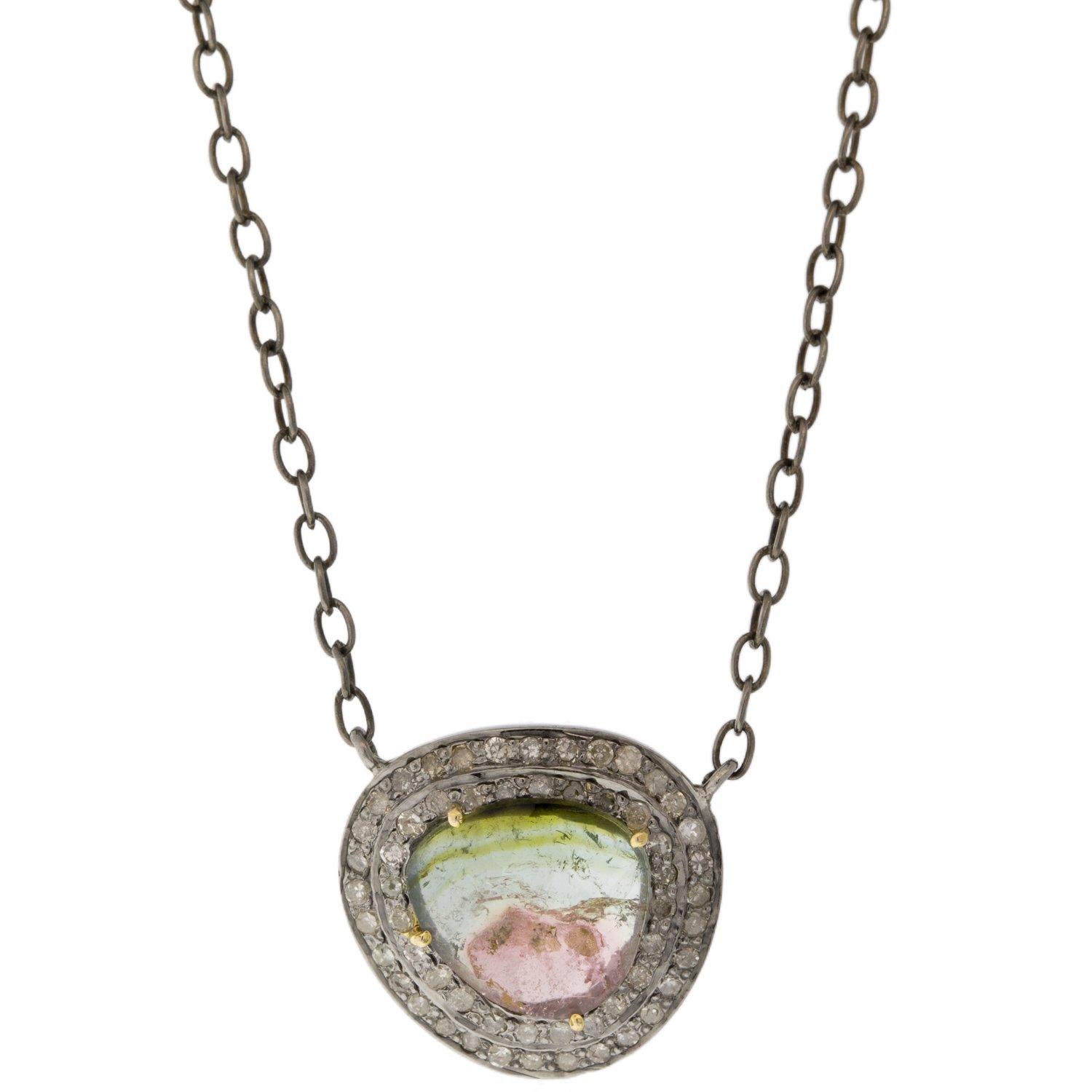 Robindira Unsworth: Oxidized SS, Tourmaline & Champagne Pave Diamond Neckalce