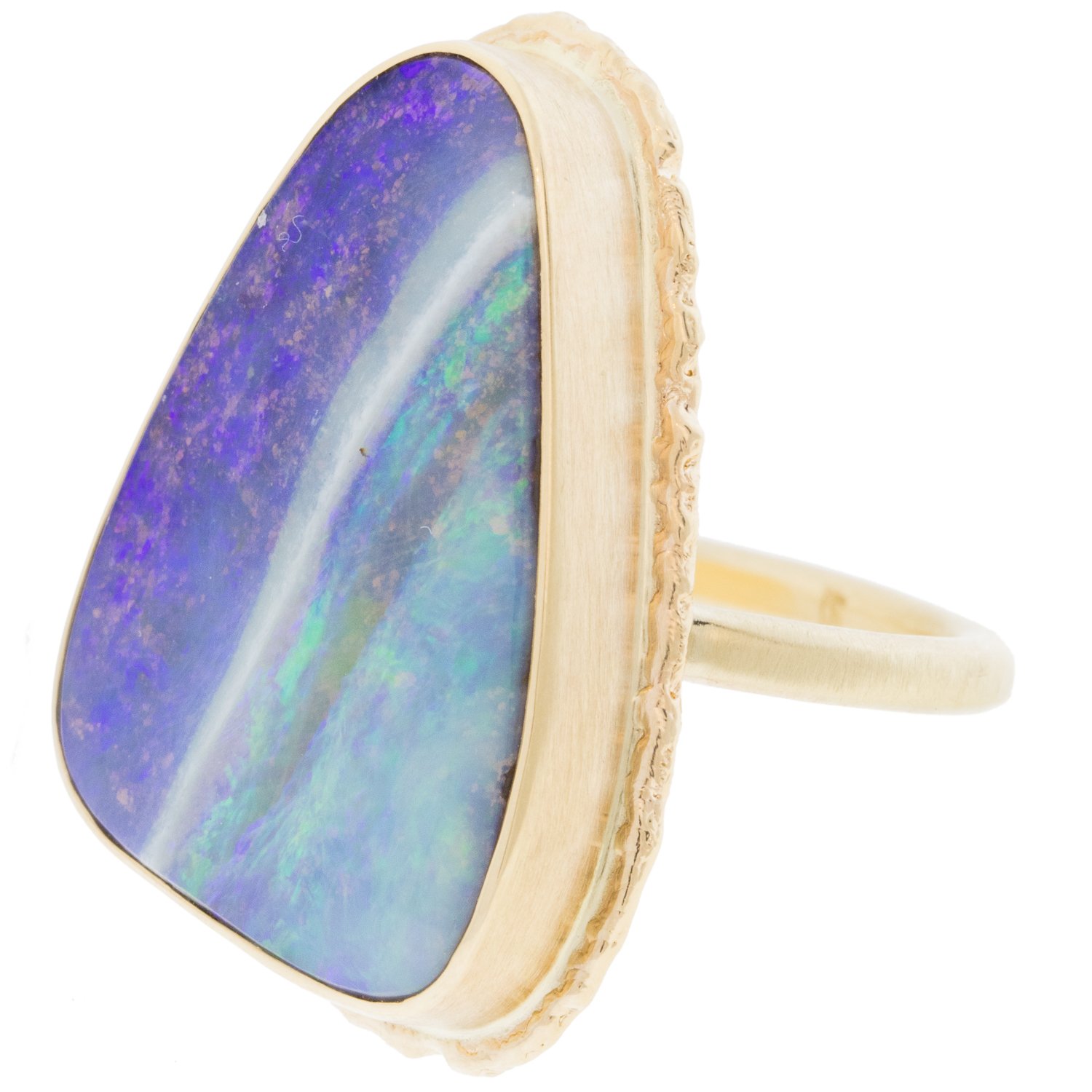 Jamie Joseph: 14k gold ring with vertical asymmetrical boulder opal on ruffled platform
