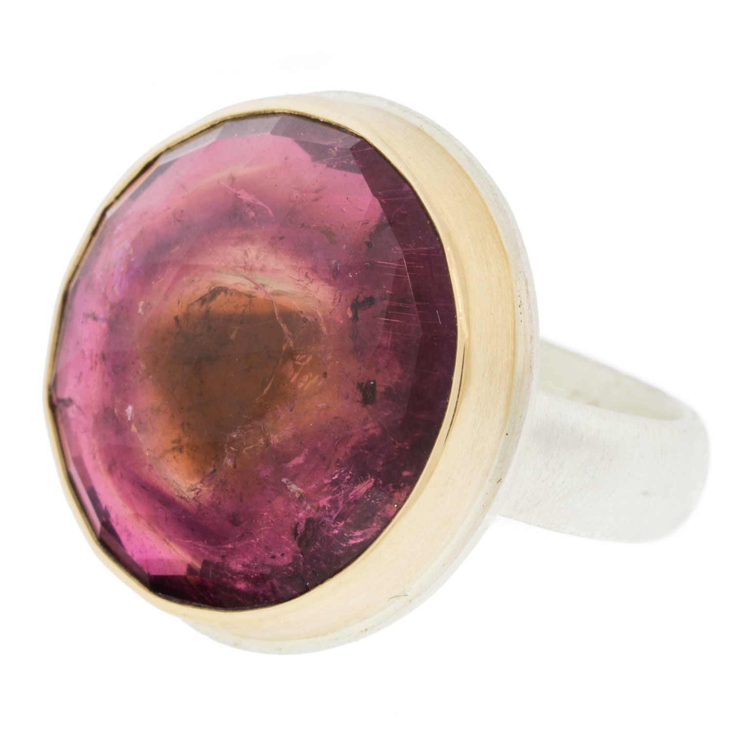 Jamie Joseph: SS & 14k gold ring w/ round rose cut pink tourmaline slice on comfort fit band