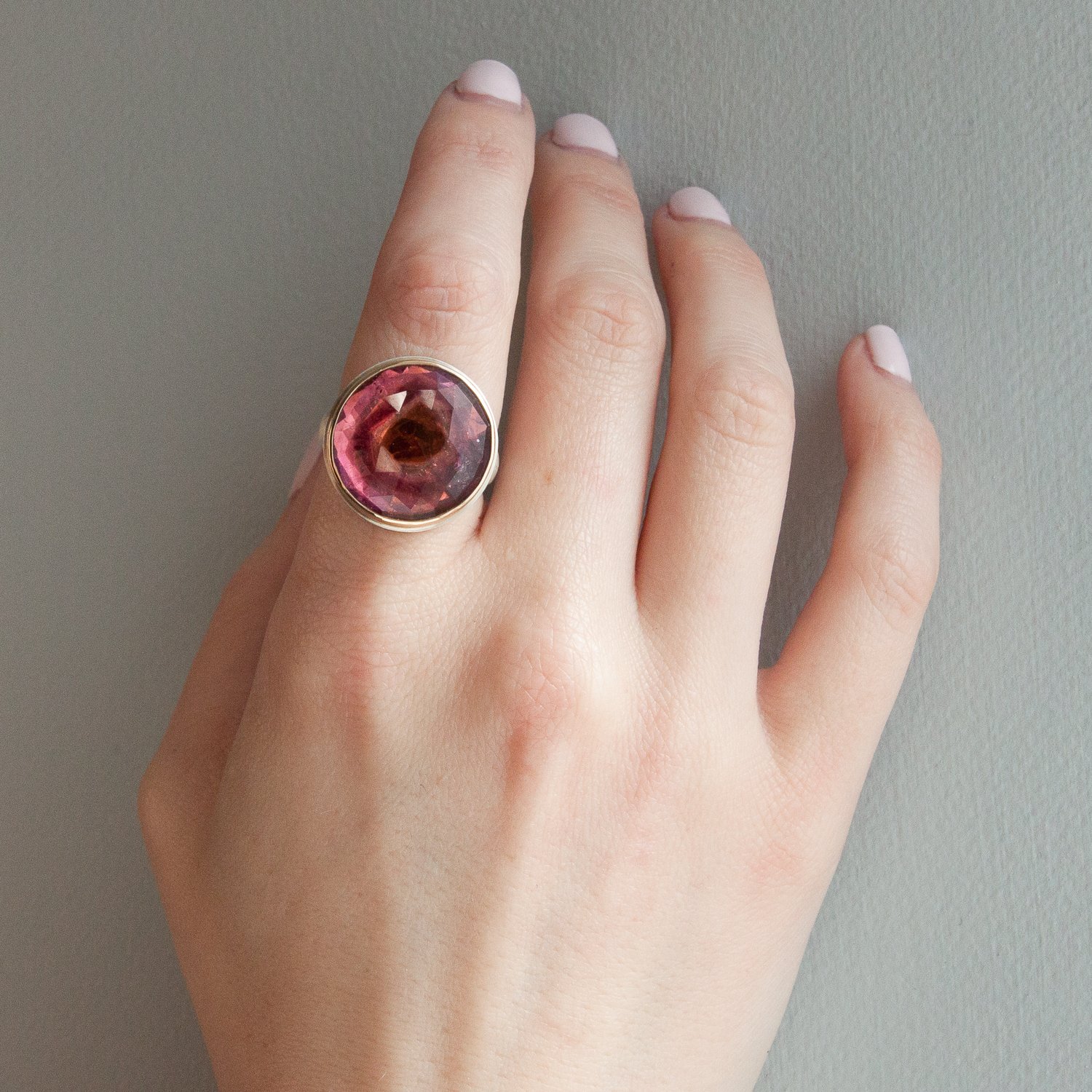 Jamie Joseph: SS & 14k gold ring w/ round rose cut pink tourmaline slice on comfort fit band