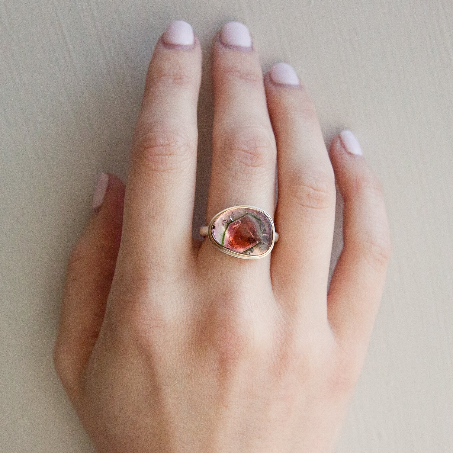 Jamie Joseph: SS & 14k Gold Ring w/ Small Asymmetrical Watermeoln Tourmaline Slice on Egyptian Band