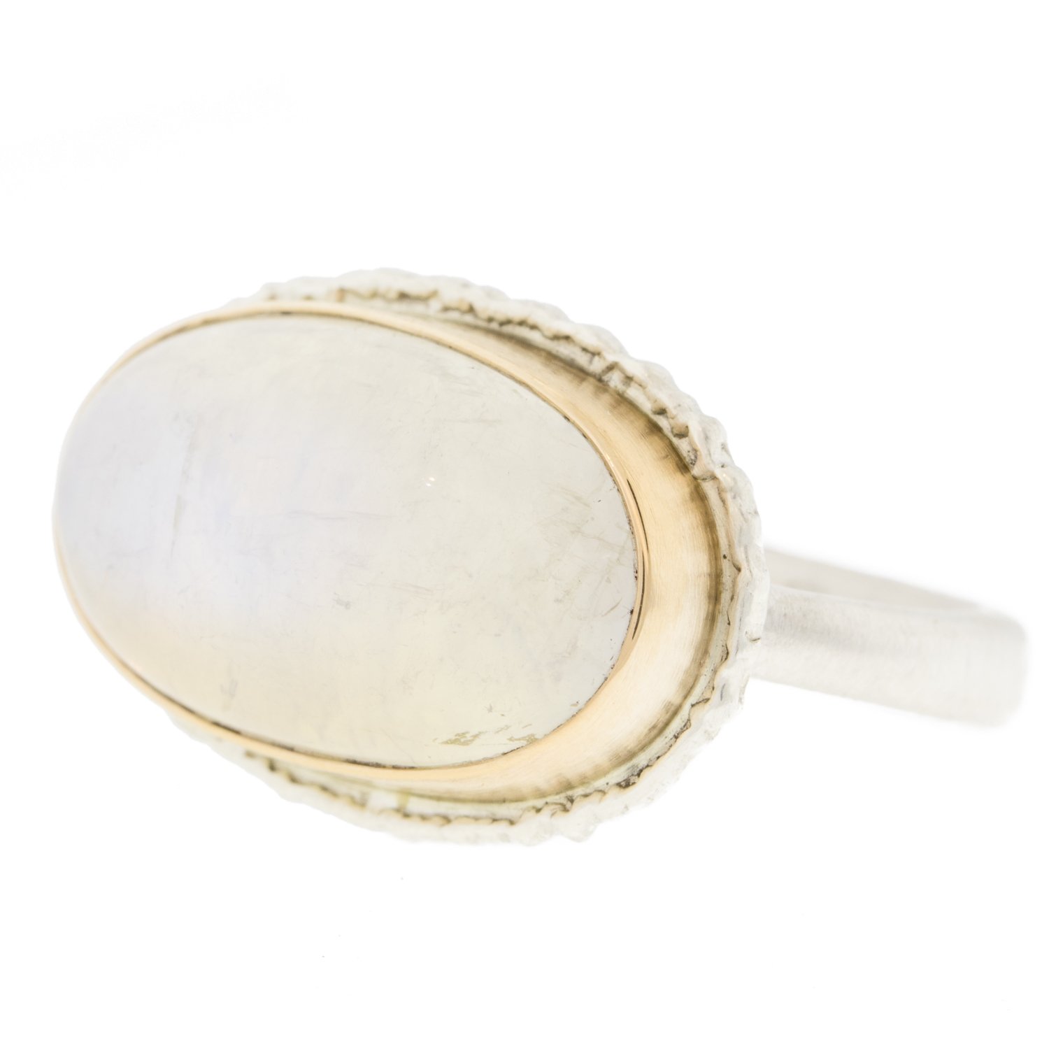 Jamie Joseph: SS & 14k rose ring w/ oval smooth white rainbow moonstone on lava platform and egyptian band