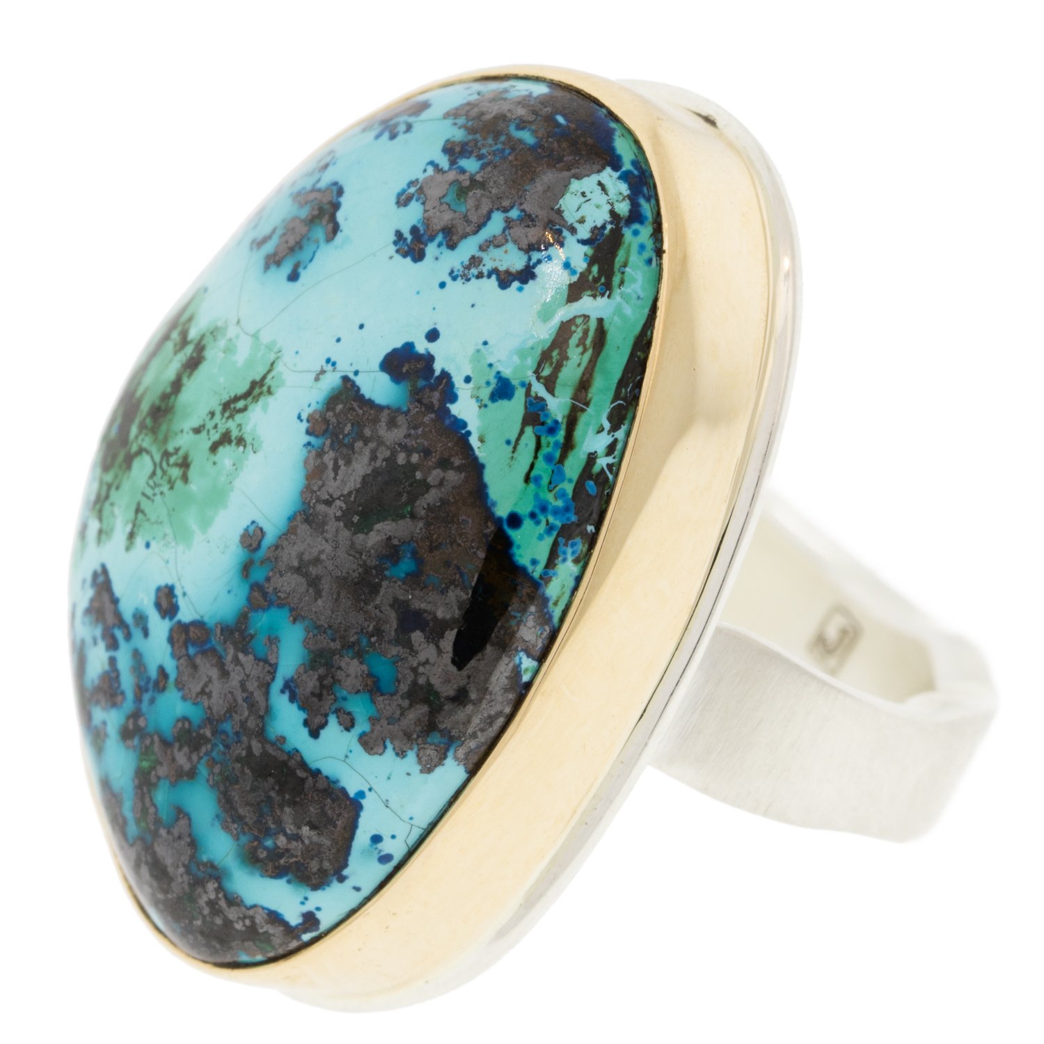 Jamie Joseph: SS & 14k Gold ring w/ vertical asymmetrical smooth azurite malachite chrysocolla on live edge band