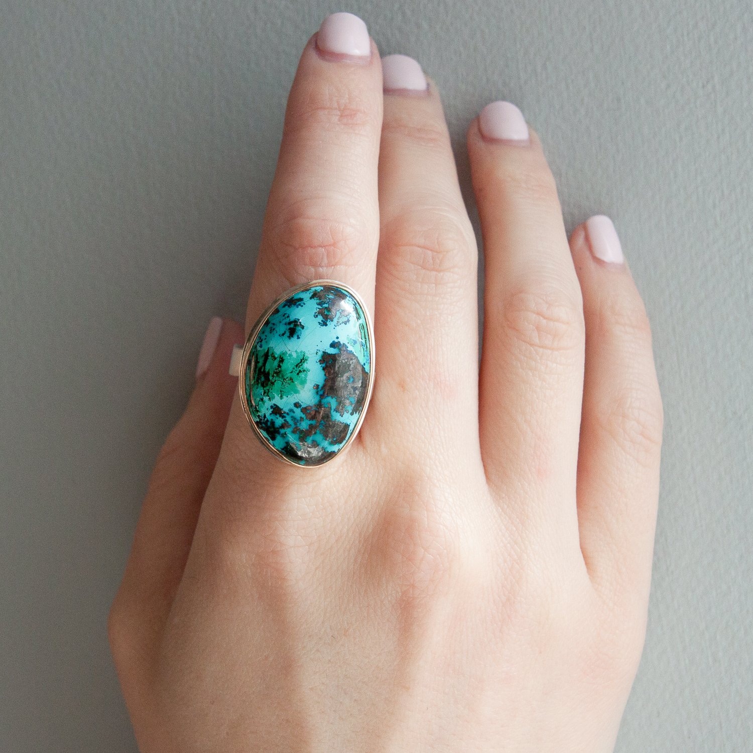 Jamie Joseph: SS & 14k Gold ring w/ vertical asymmetrical smooth azurite malachite chrysocolla on live edge band