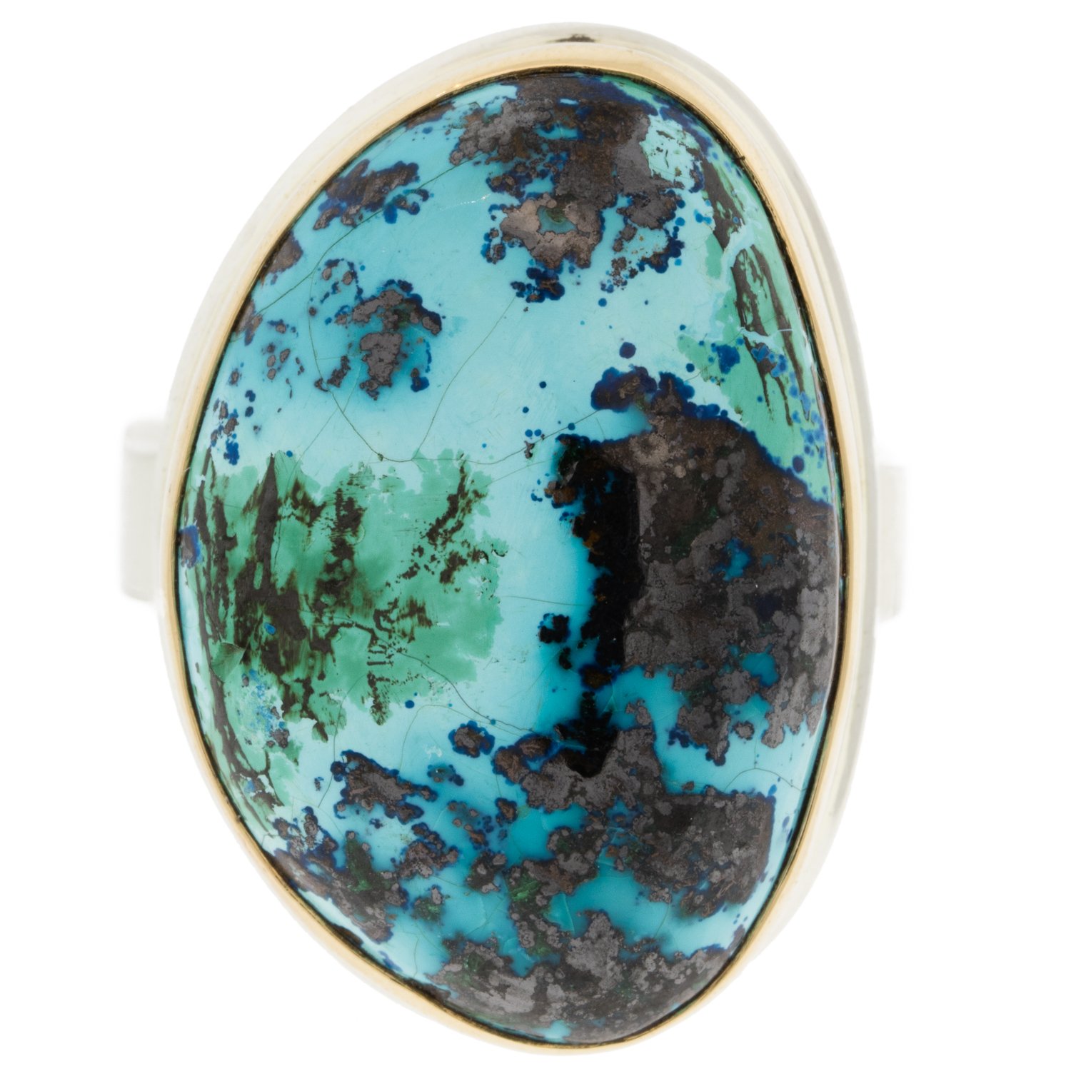 Jamie Joseph: SS & 14k Gold ring w/ vertical asymmetrical smooth azurite malachite chrysocolla on live edge band