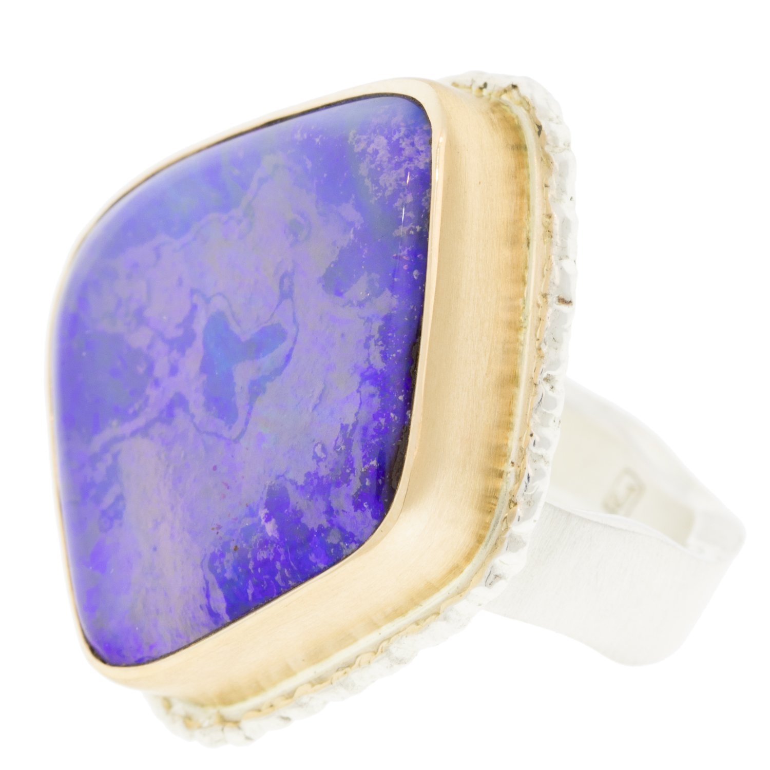 Jamie Joseph: SS and 14k gold ring w/ vertical asymmetrical boulder opal on lava platform and live edge band