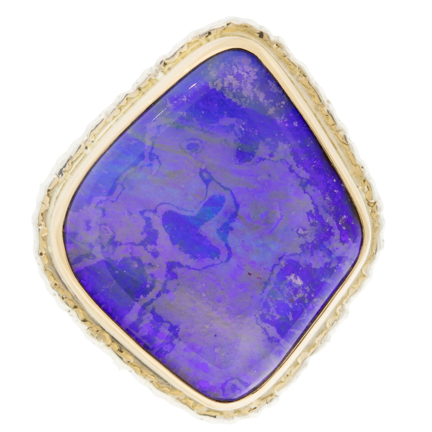 Jamie Joseph: SS and 14k gold ring w/ vertical asymmetrical boulder opal on lava platform and live edge band