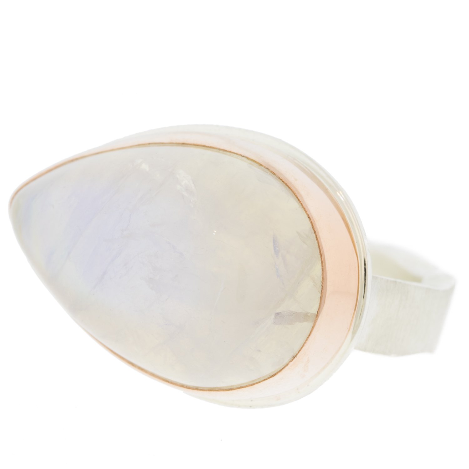 Jamie Joseph: SS & 14k rose gold ring w/ teardrop smooth white rainbow moonstone on live edge band