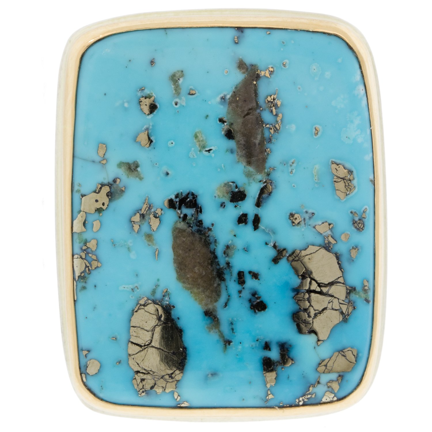 Jamie Joseph: SS & 14k gold ring w/ large vertical rectangular persian turquoise on pumice band