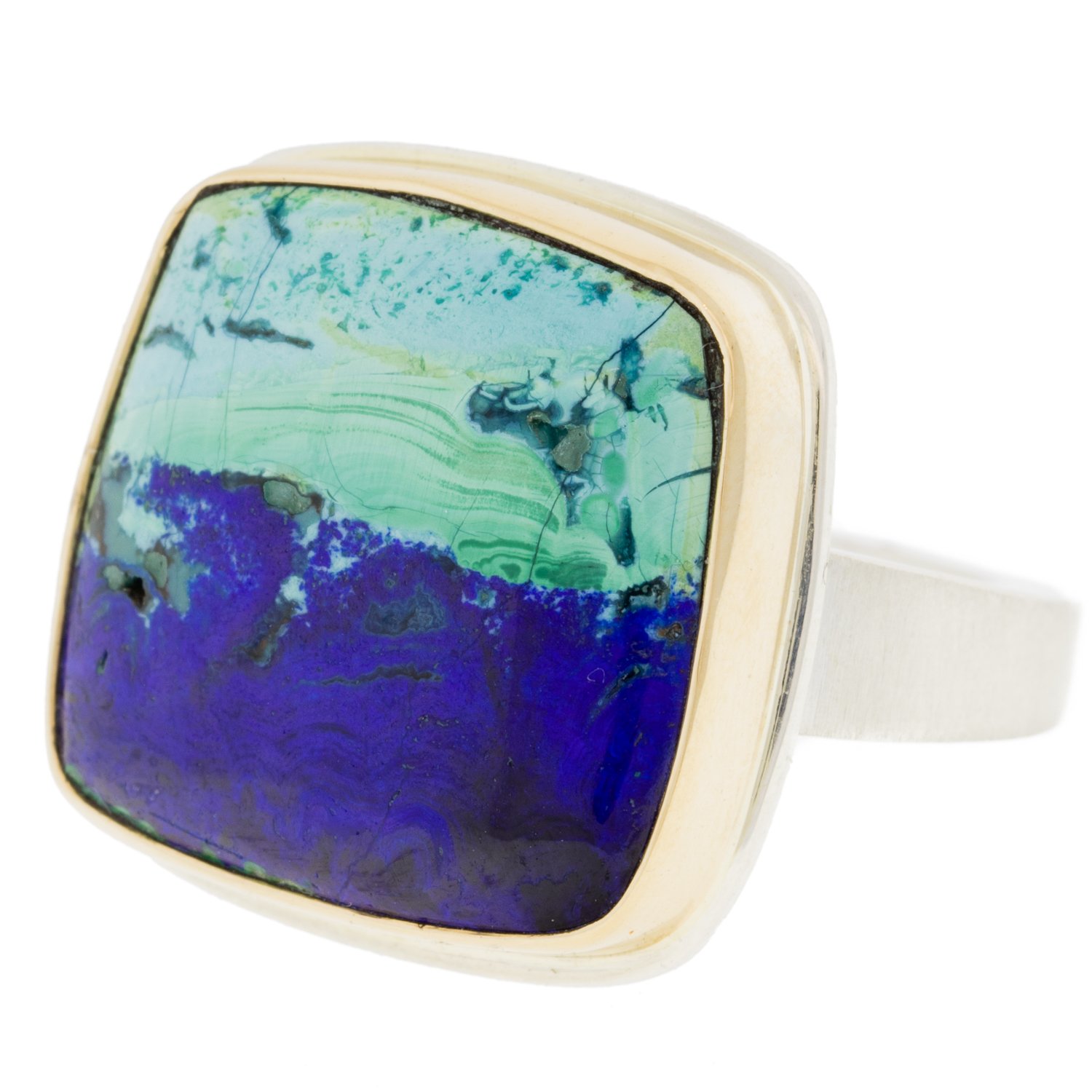 Jamie Joseph: SS & 14k gold ring w/ square smooth azurite malachite on tapered x band