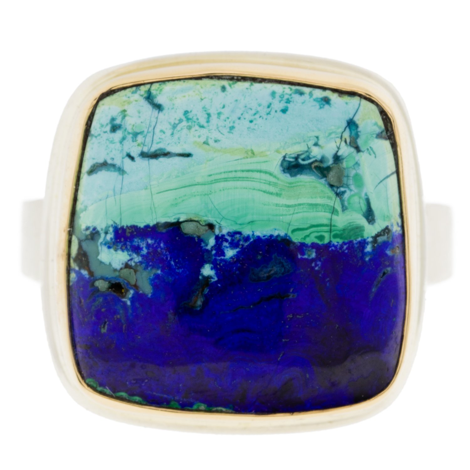 gold and silver ring with malachite and azurite by jamie joseph