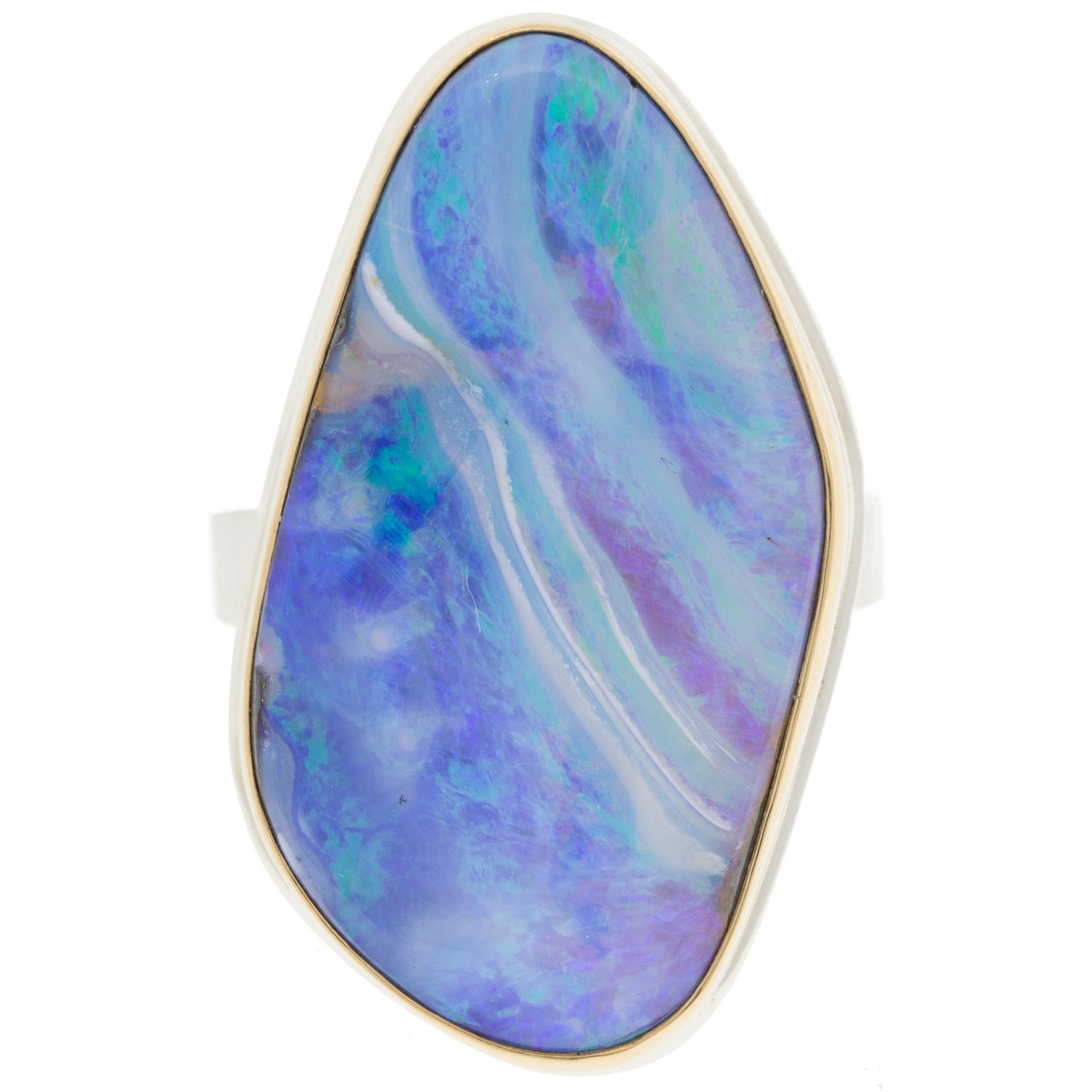Jamie Joseph: SS and 14k gold ring w/ vertical asymmetrical boulder opal on tapered x band