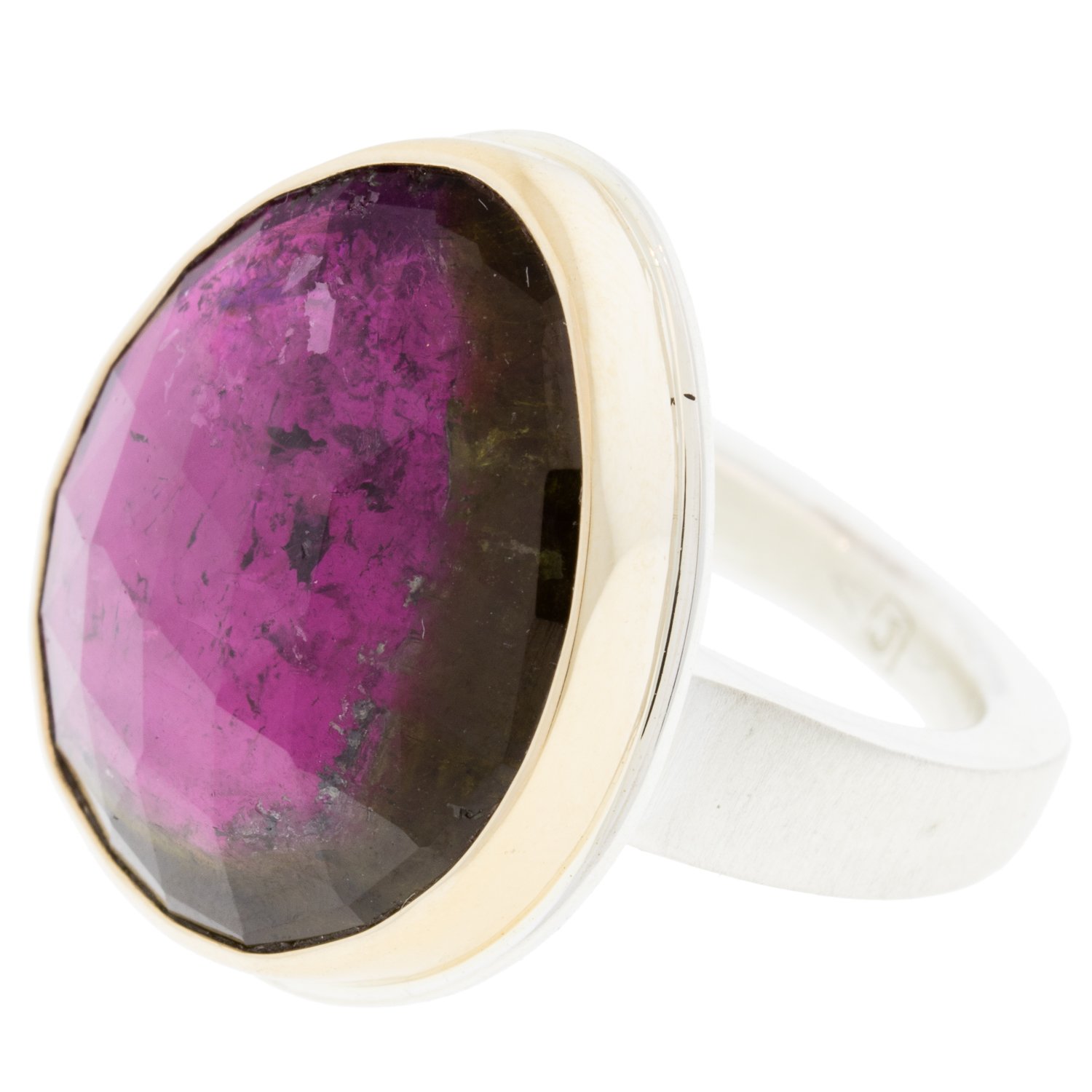 Jamie Joseph: SS & 14k gold ring w/ vertical pear rose cut watermelon tourmaline on tapered x band