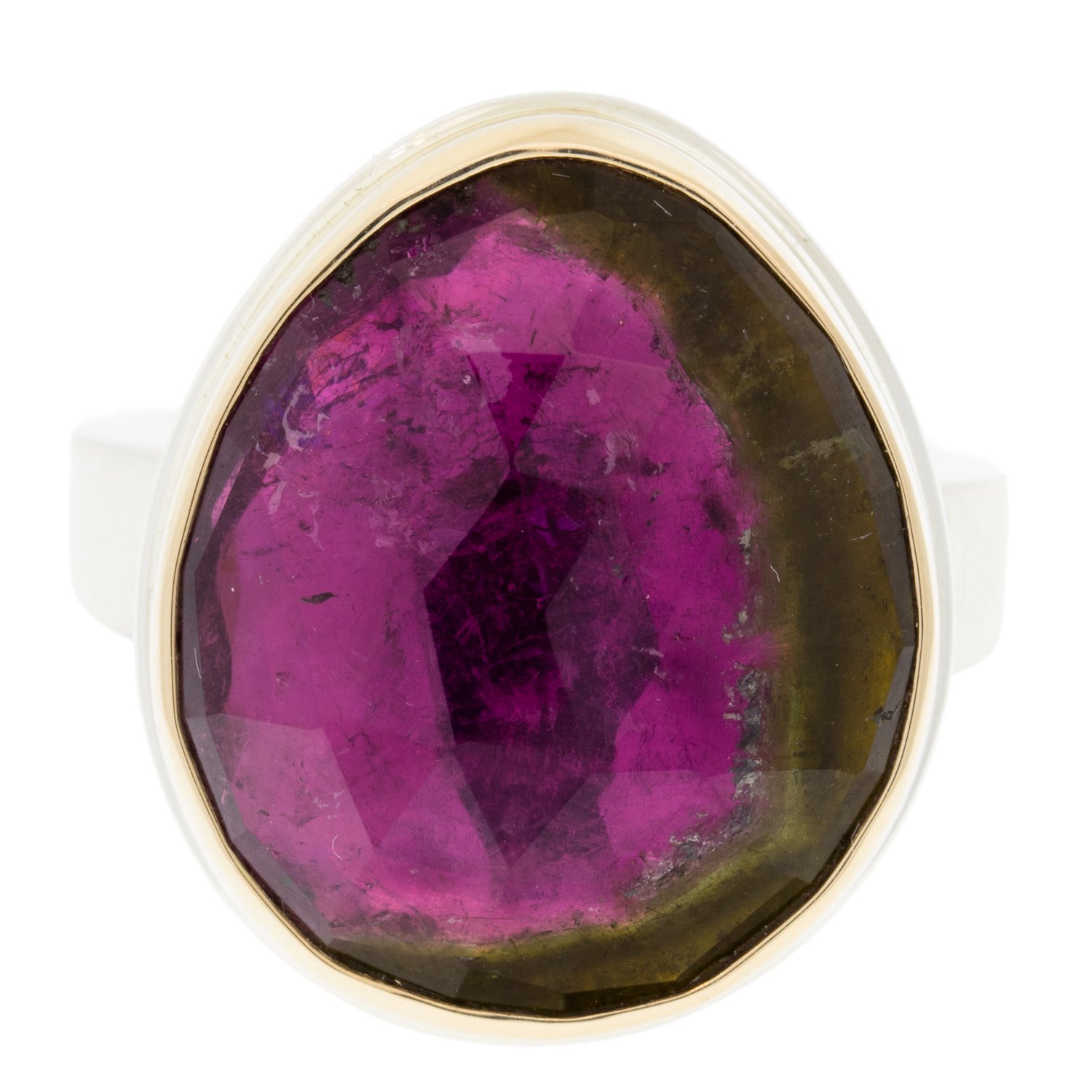 gold and silver ring with watermelon tourmaline by jewelry designer jamie joseph