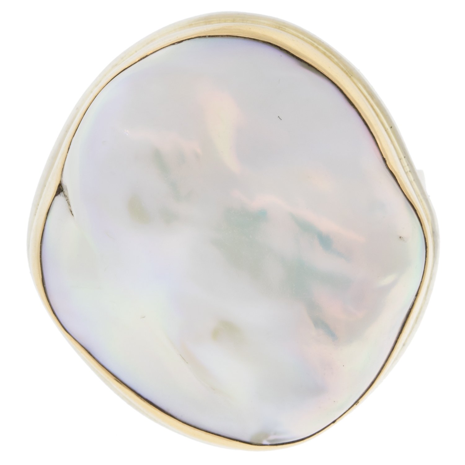 Jamie Joseph: SS & 14k gold ring w/ large vertical asymmetrical cultured white pearl on tapered y band