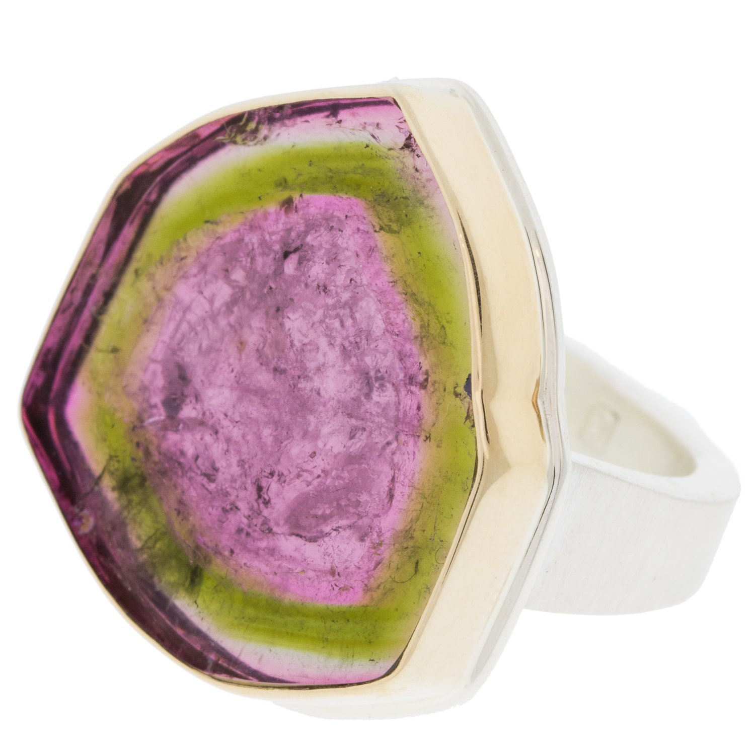 Jamie Joseph: SS & 14k gold ring w/ large asymmetrical watermelon tourmaline slice on tapered y band