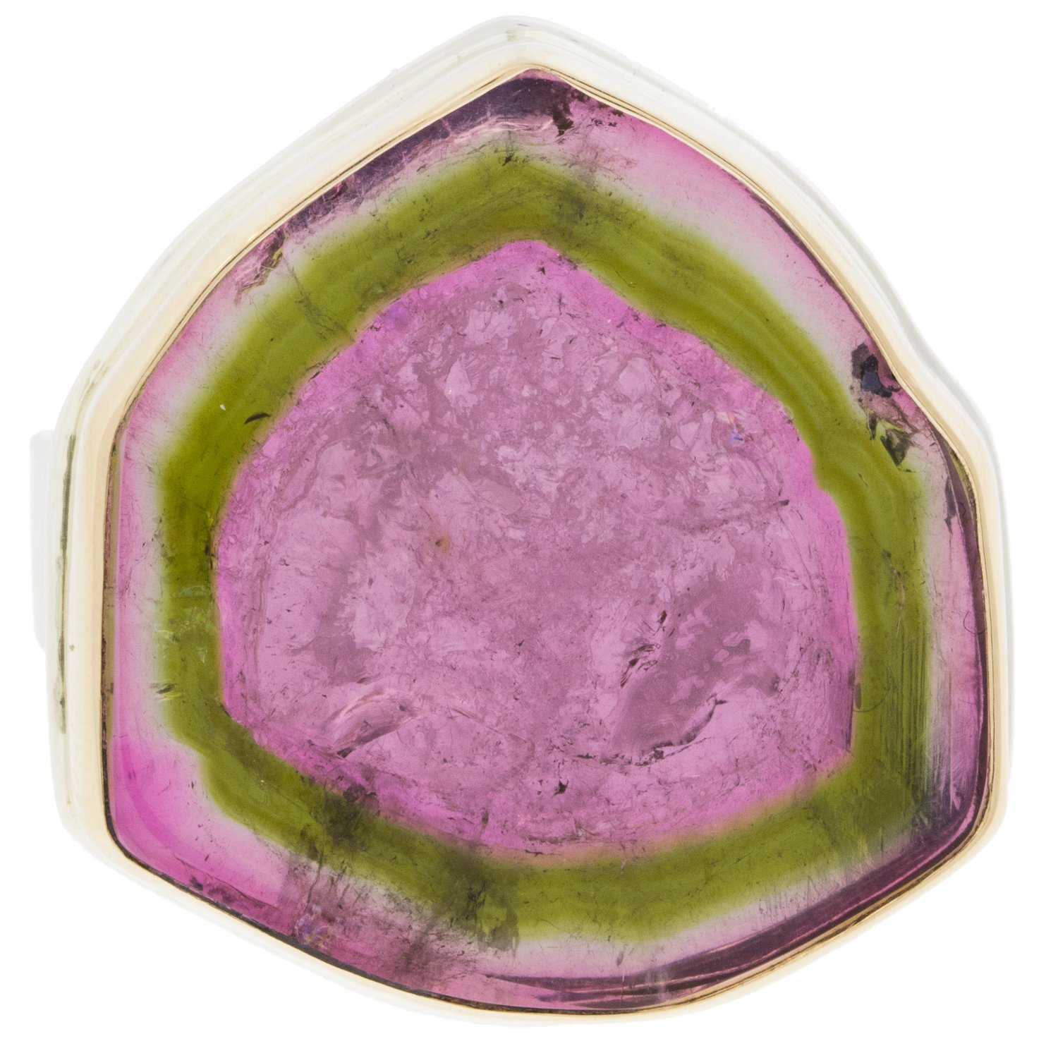 Jamie Joseph: SS & 14k gold ring w/ large asymmetrical watermelon tourmaline slice on tapered y band