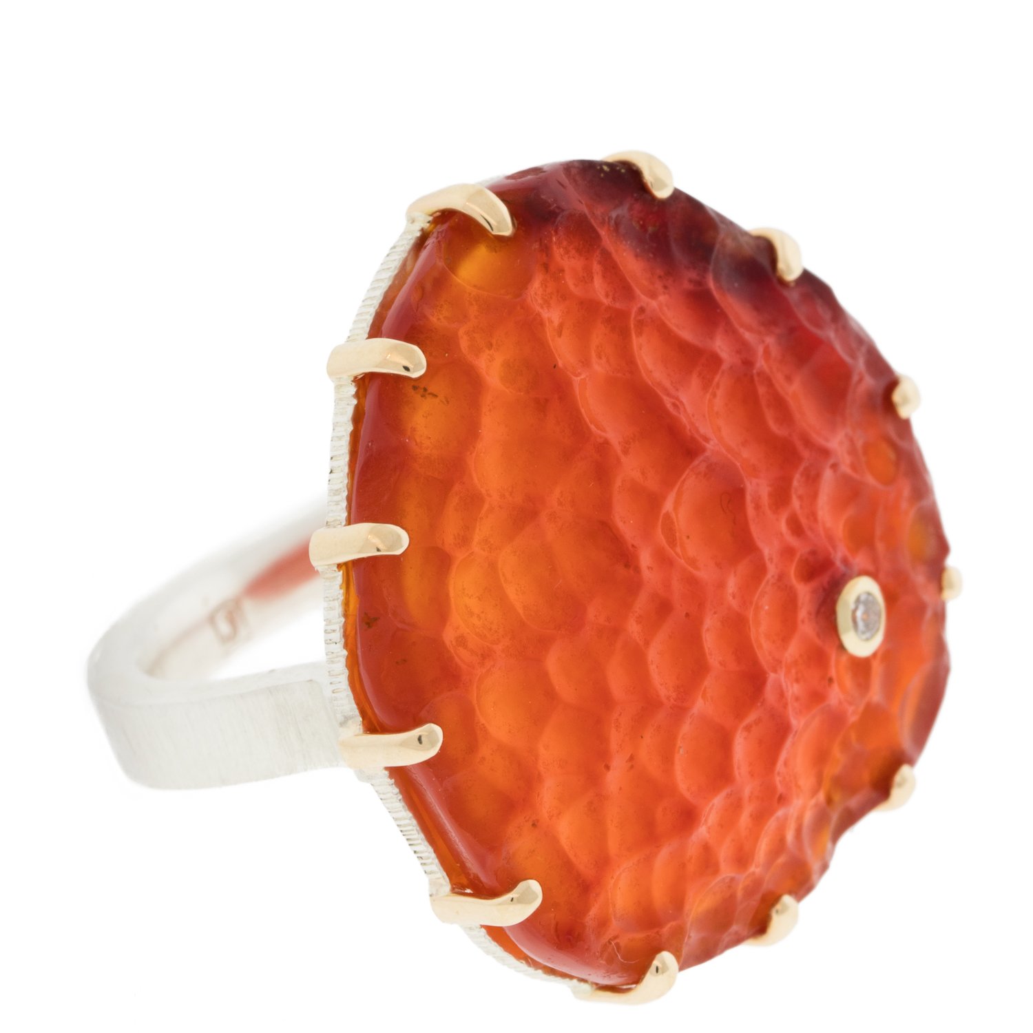 Jamie Joseph: SS & 14k Gold multi prong ring with large vertical asymmetrical surface carnelian & .03 ct diamond on open back reeded platform