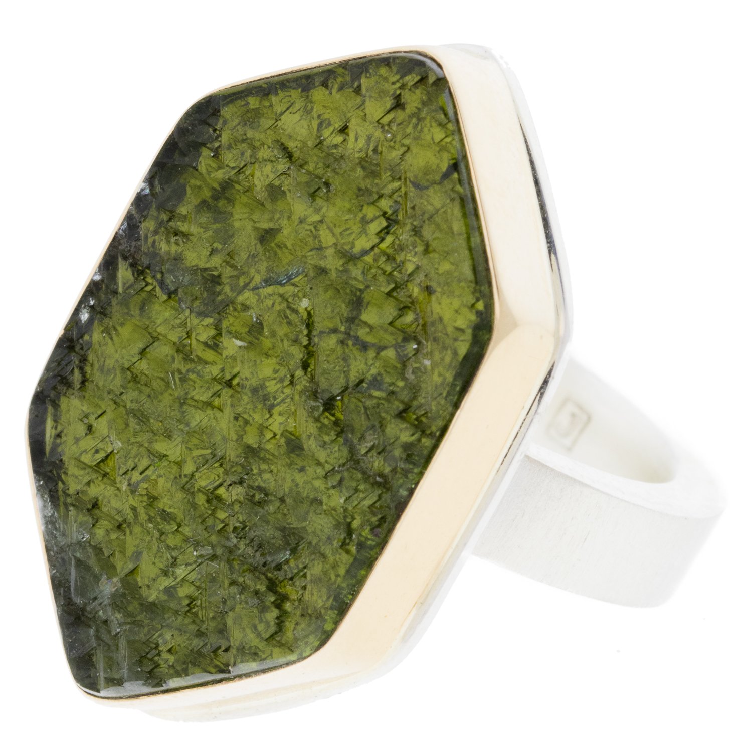 Jamie Joseph: SS & 14k gold ring w/ vertical large hexagonal surface cut green tourmaline on y band