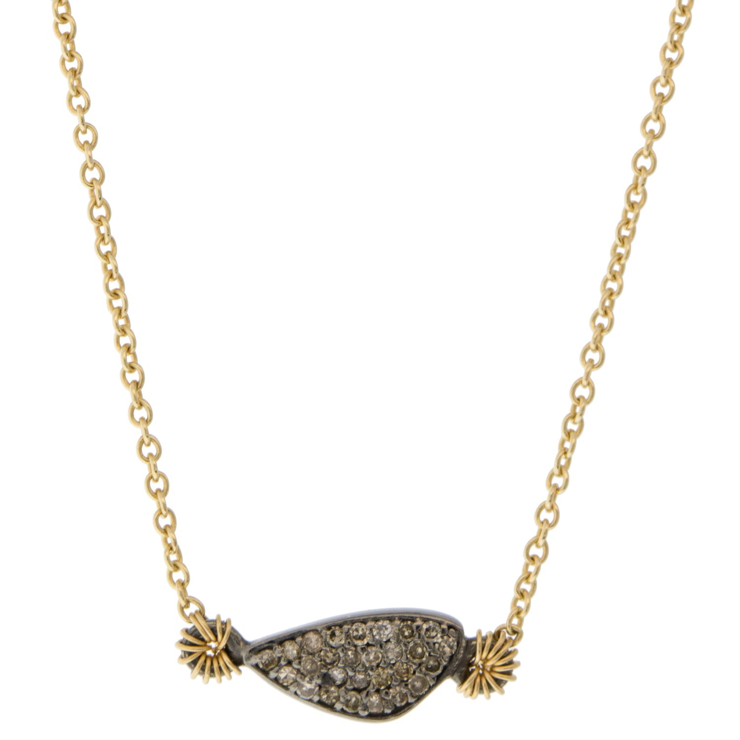 Dana Kellin Fine: 14K gold necklace with horizontal asymmetrical oxidized sterling silver and pave diamond pendant