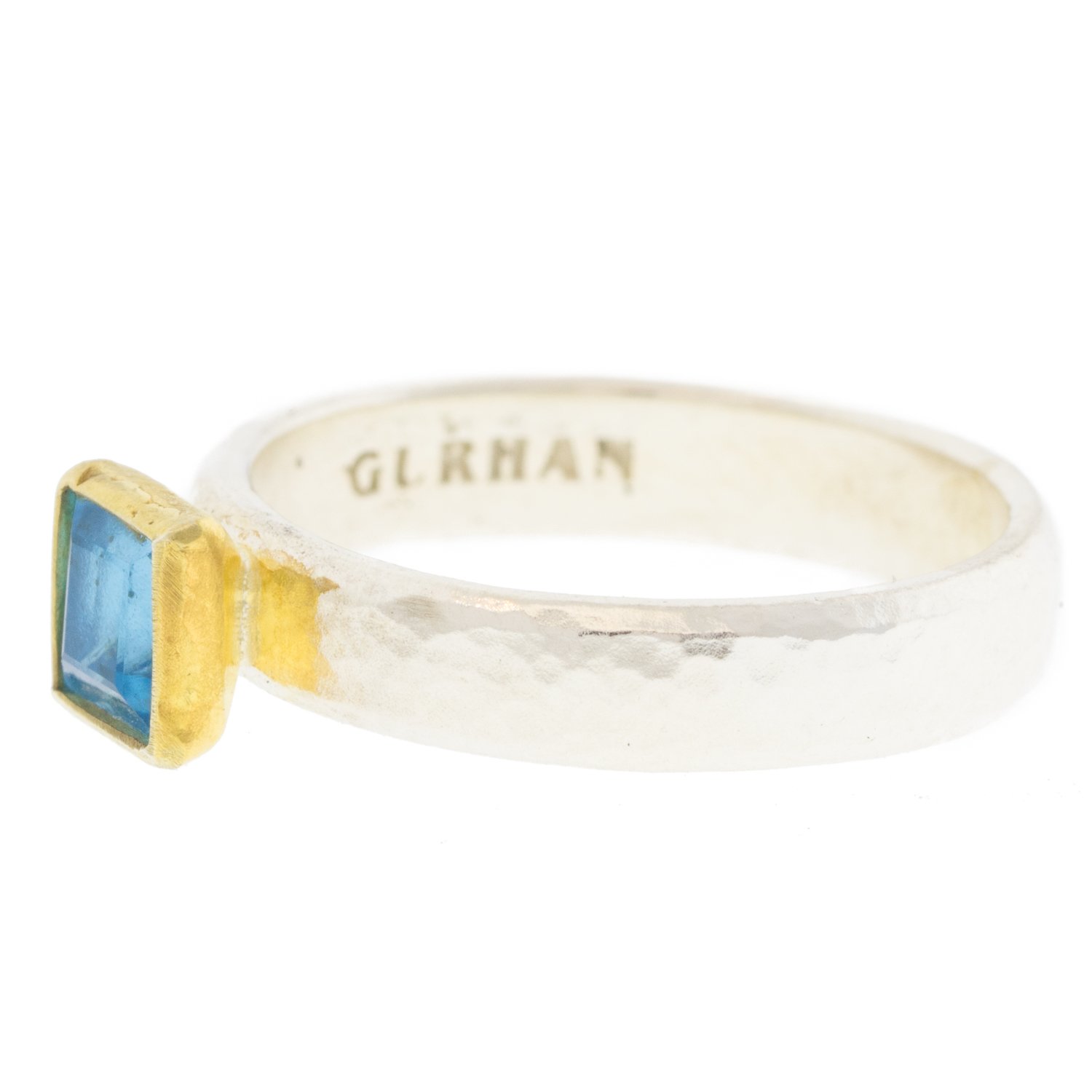 Gurhan: Sterling silver and 24K gold delicate skittle ring with .92ct faceted square blue topaz