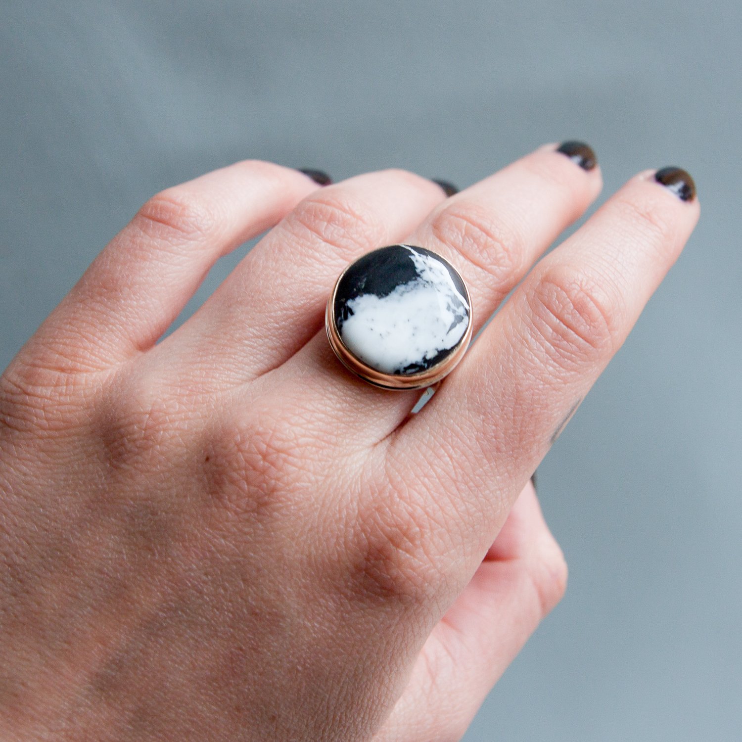 Jamie Joseph: SS & 14k Gold Ring w/ round white buffalo turquoise on live edge band
