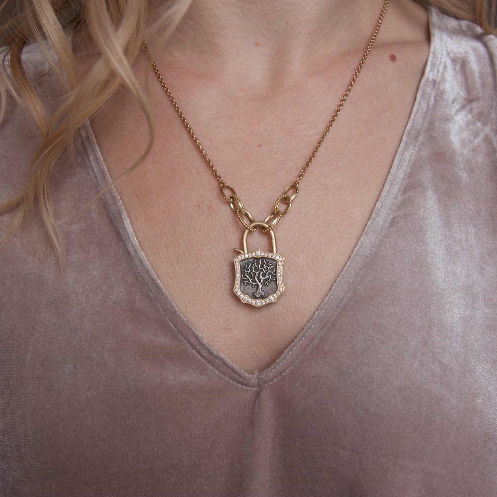 Erica Molinari Trunk Show: ss/18k gold hinge ree of life padlock "where life begins and love never ends" .57cts