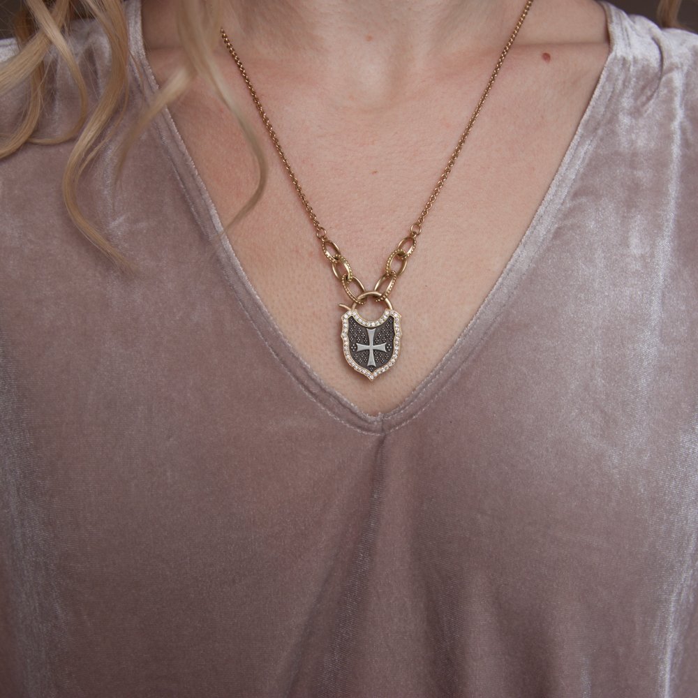 Erica Molinari Trunk Show: ss/18k cross and key diamond padlock with a gold hinge "love life" .45cts