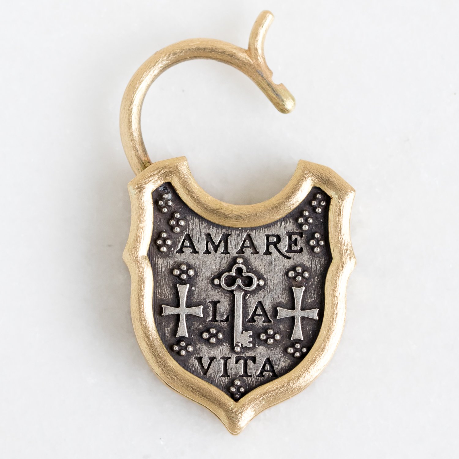 Erica Molinari Trunk Show: ss/18k cross and key diamond padlock with a gold hinge "love life" .45cts