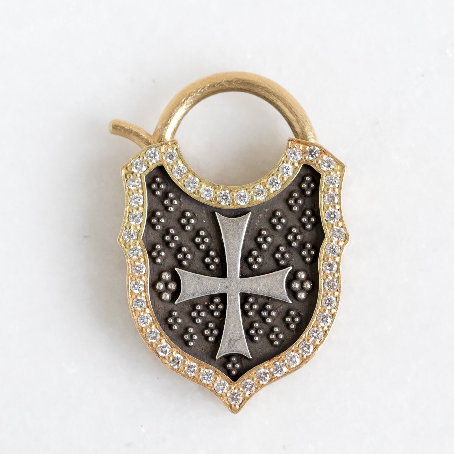 Erica Molinari Trunk Show: ss/18k cross and key diamond padlock with a gold hinge "love life" .45cts