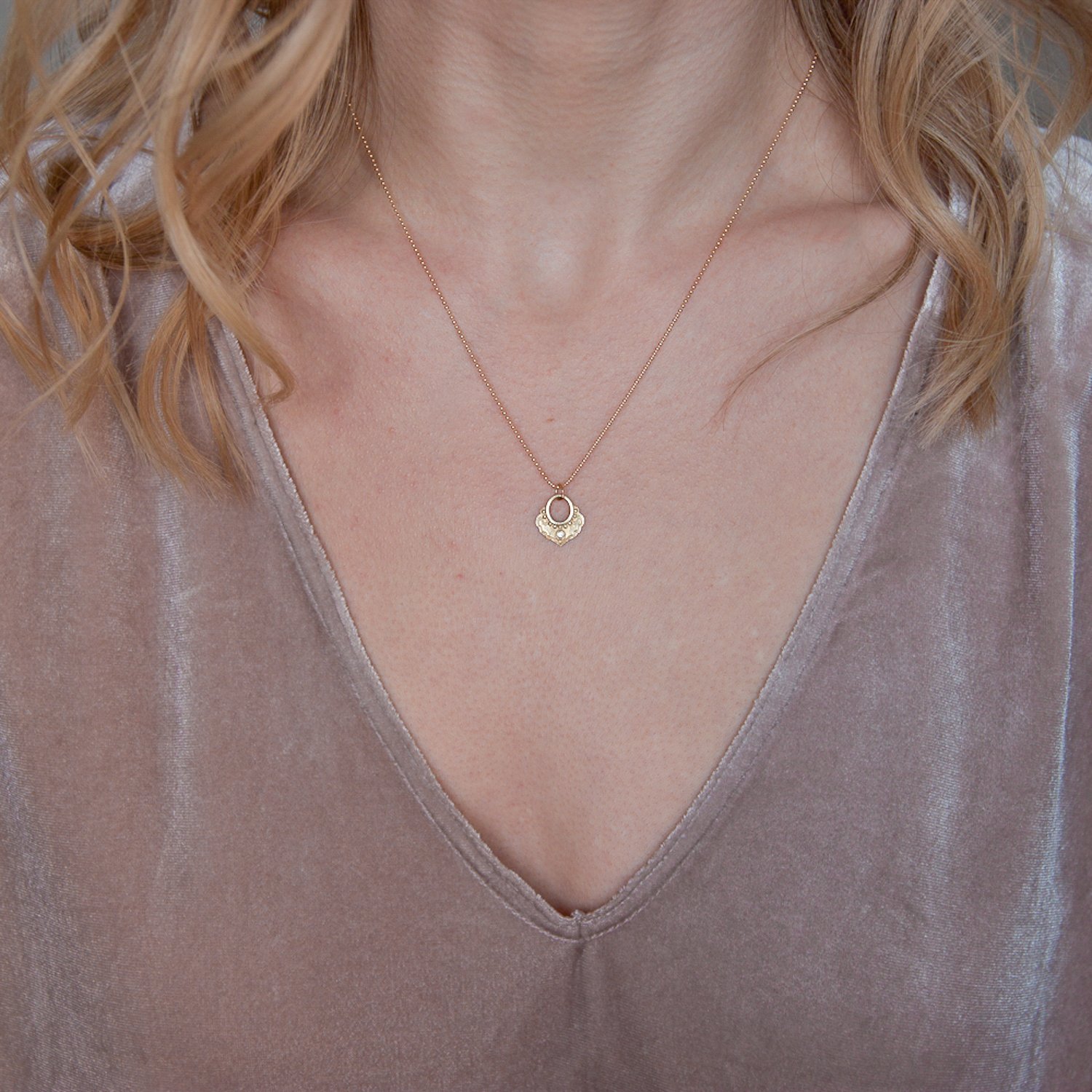 Lulu: Yellow bronze karma necklace with diamond on 14K gold fill chain