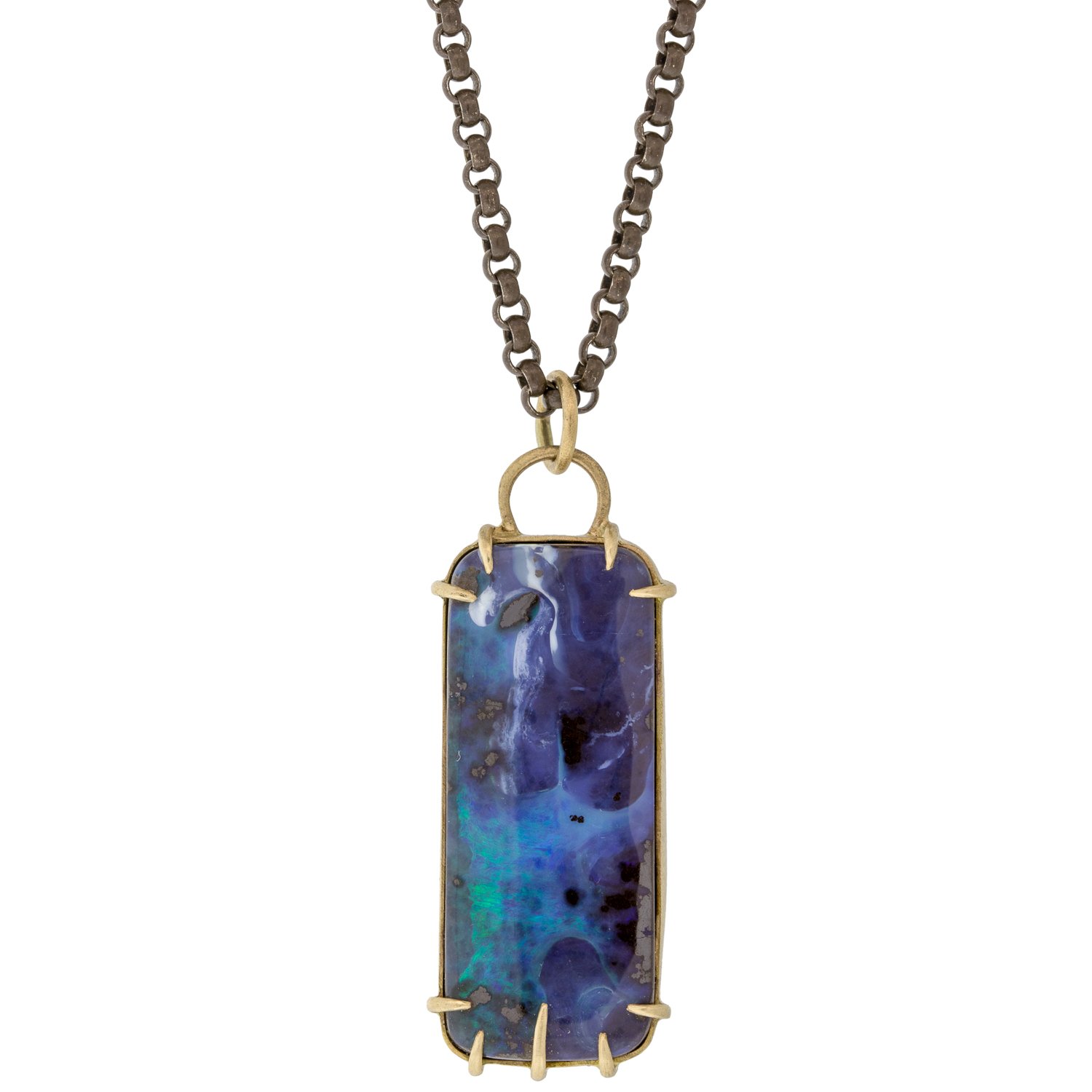 Hannah Blount: Oxidized sterling silver and 14K gold rough seas boulder opal vanity necklace