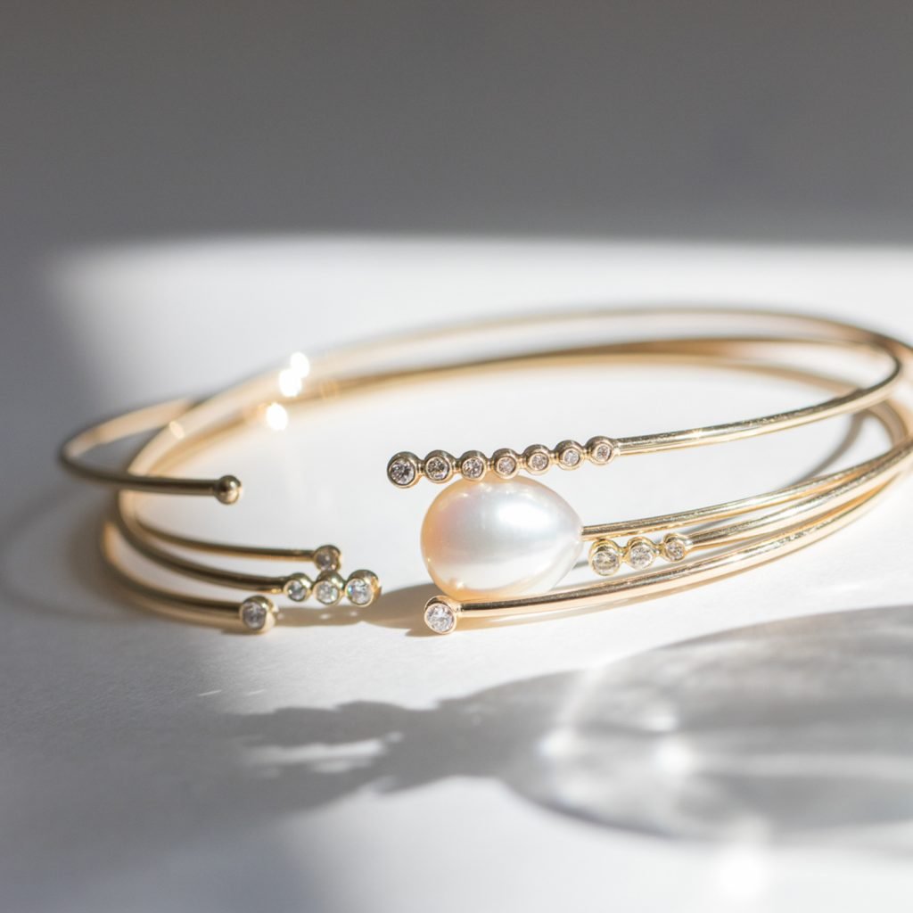 Gold cuff bracelets with white pearls and diamonds by Mizuki