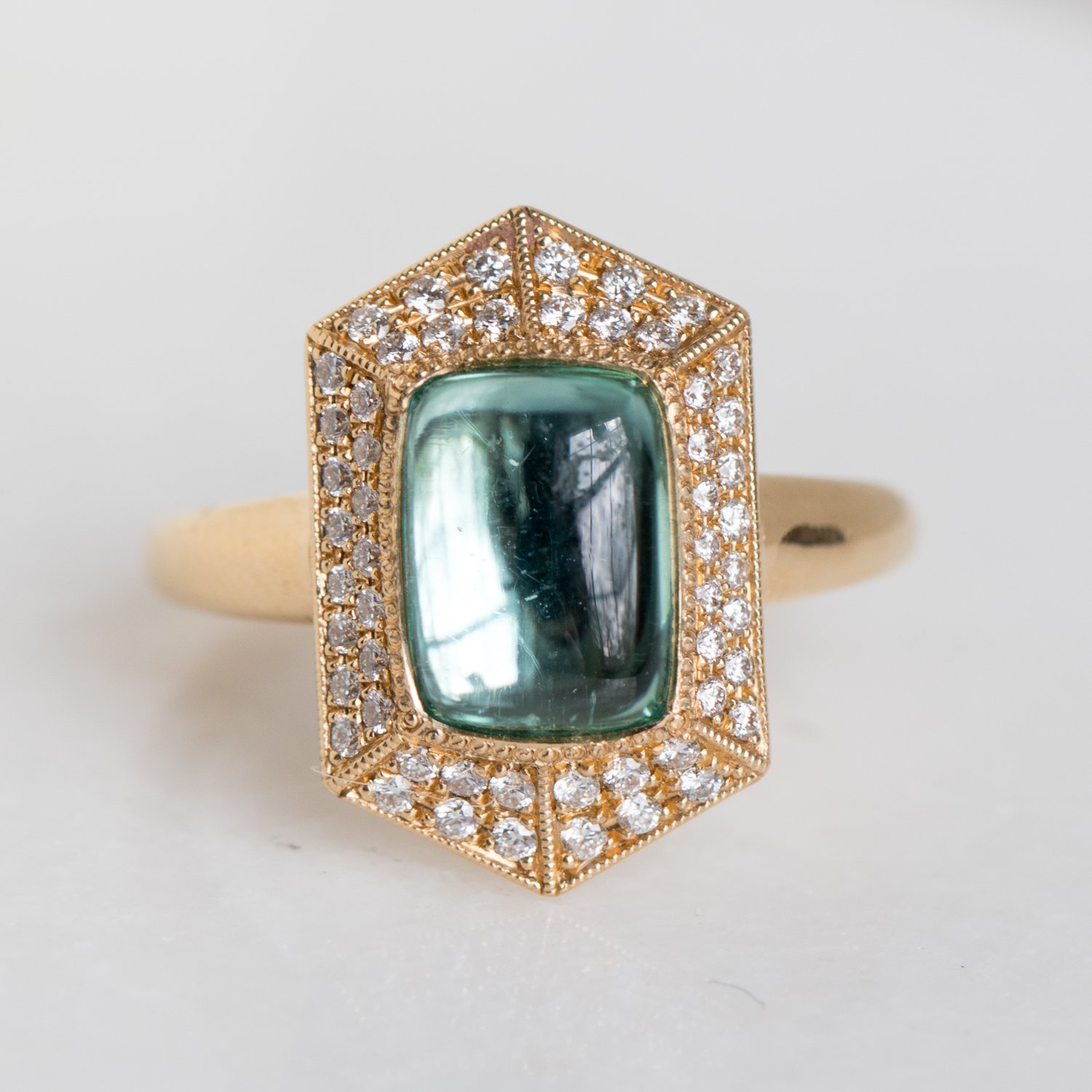 Erica Molinari Trunk Show: Ring, Renaissance pave hexagon with Green tourmaline, .50ct, Diamonds, 18K gold, Size 5 3/4