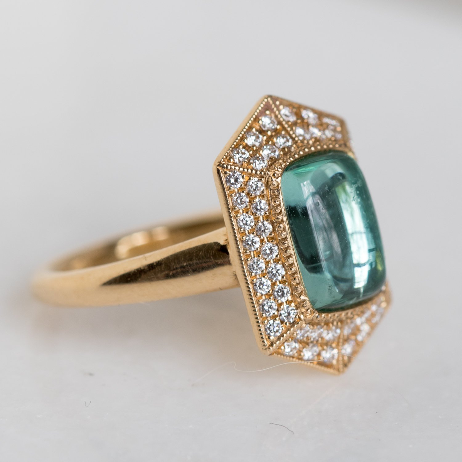 Erica Molinari Trunk Show: Ring, Renaissance pave hexagon with Green tourmaline, .50ct, Diamonds, 18K gold, Size 5 3/4