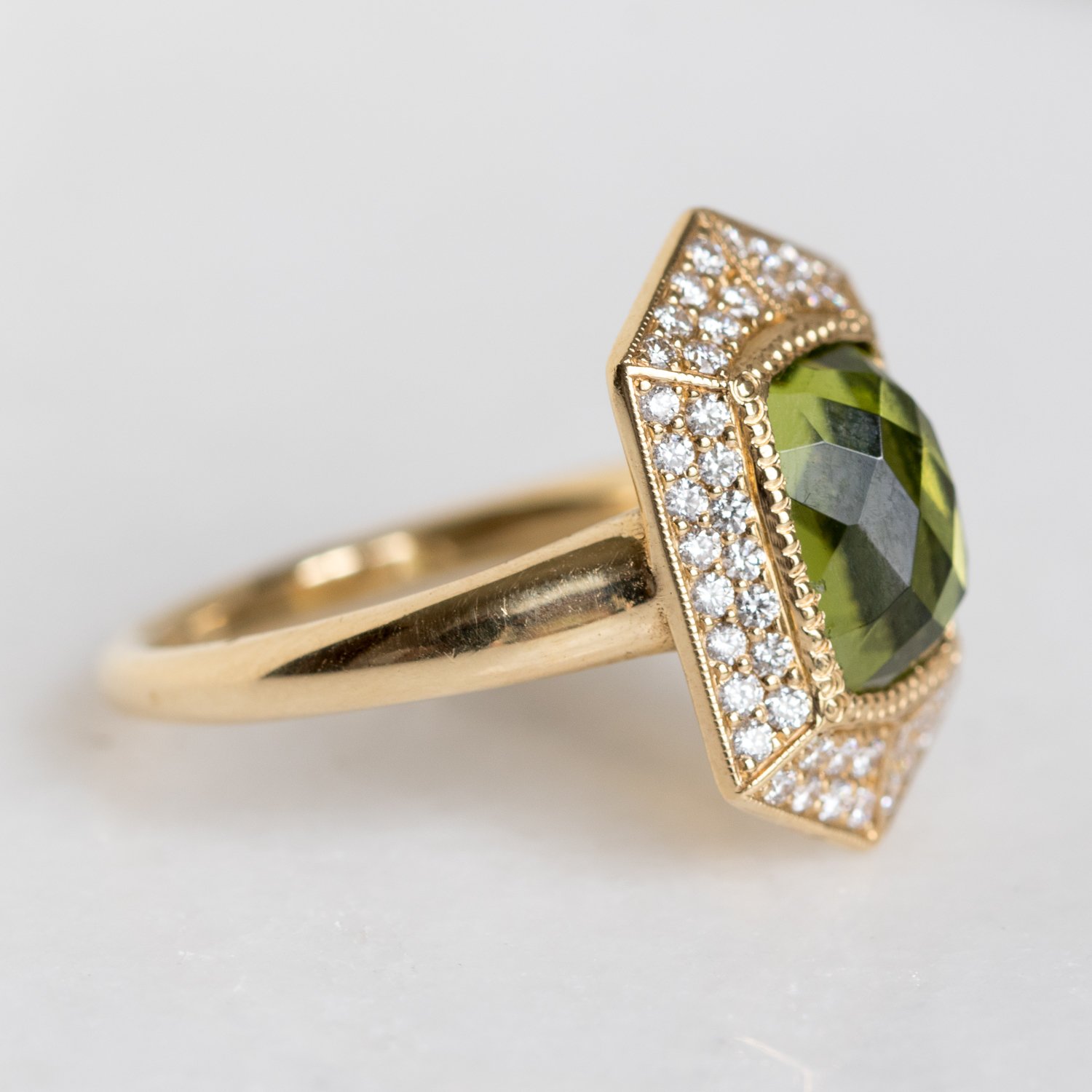 Erica Molinari Trunk Show: Ring, Renaissance pave hexagon with Peridot, .50ct, Diamonds, 18K gold, Size 5 3/4